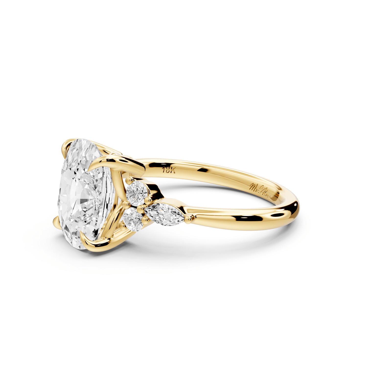 Sandi - 4ct 18k yellow gold Ecushion Floral Cluster Side-Stone Engagement Ring with Plain Band - Mr. Alex Jewelry
