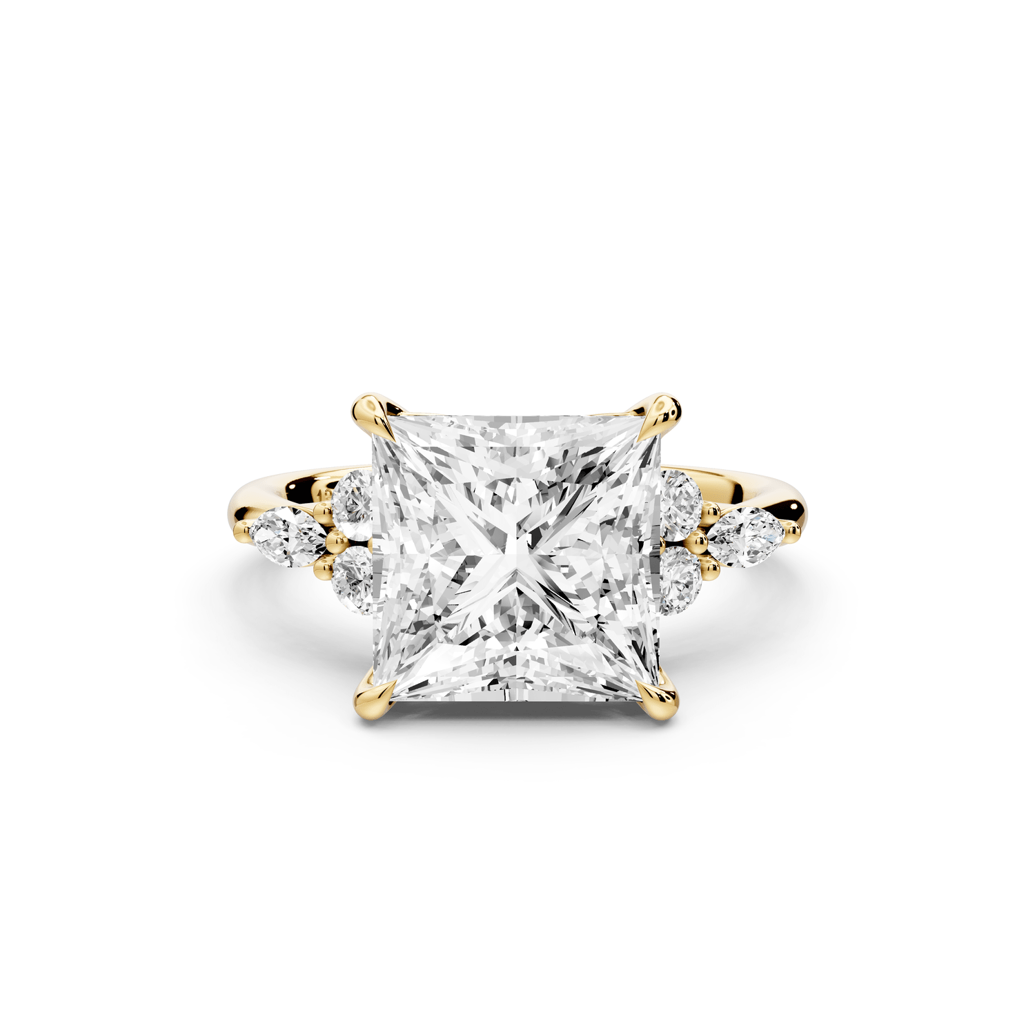 Sandi - 4ct 18k yellow gold Princess Floral Cluster Side-Stone Engagement Ring with Plain Band - Mr. Alex Jewelry