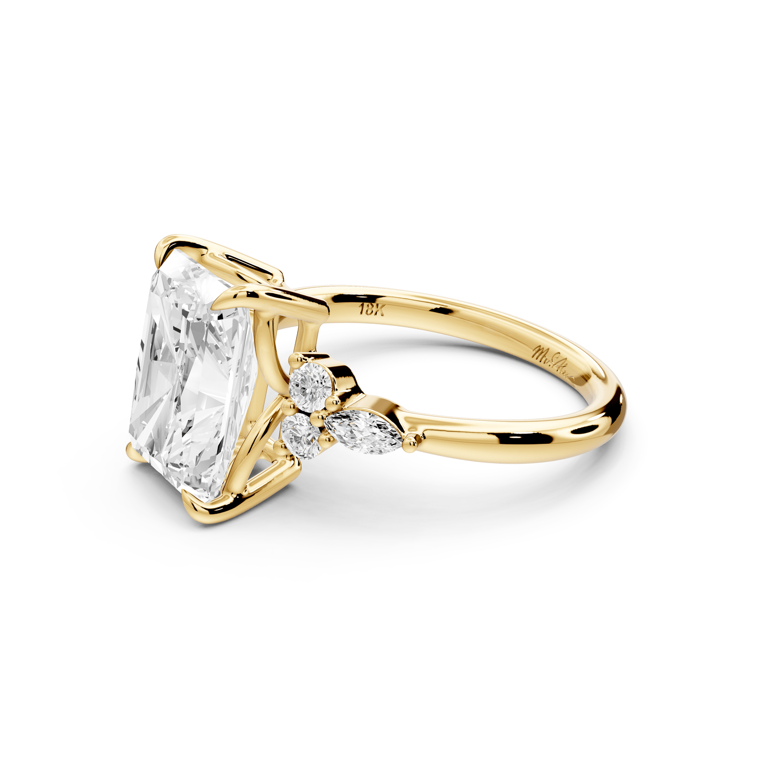 Sandi - 4ct 18k yellow gold Radiant Floral Cluster Side-Stone Engagement Ring with Plain Band - Mr. Alex Jewelry