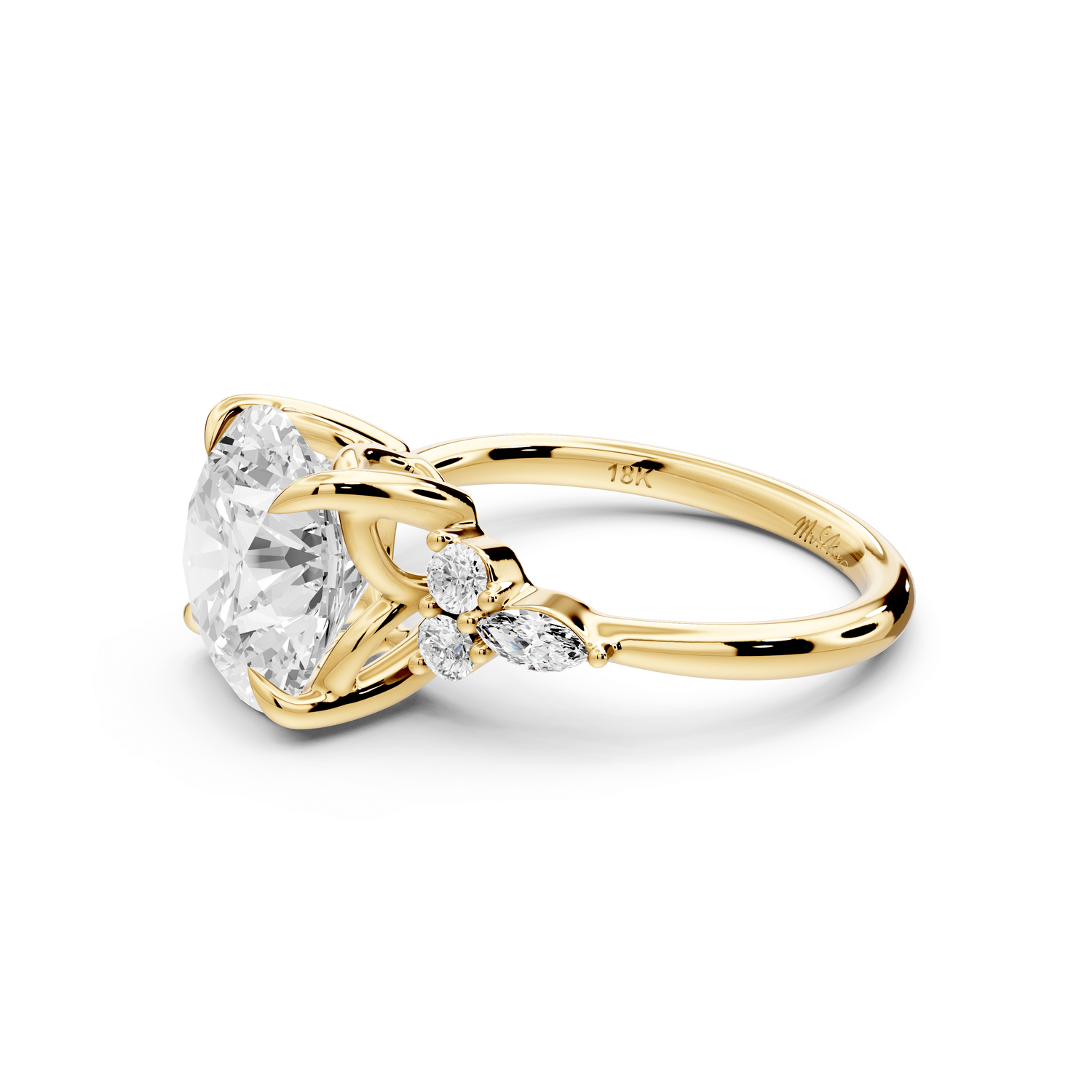Sandi - 4ct 18k yellow gold Round Floral Cluster Side-Stone Engagement Ring with Plain Band - Mr. Alex Jewelry