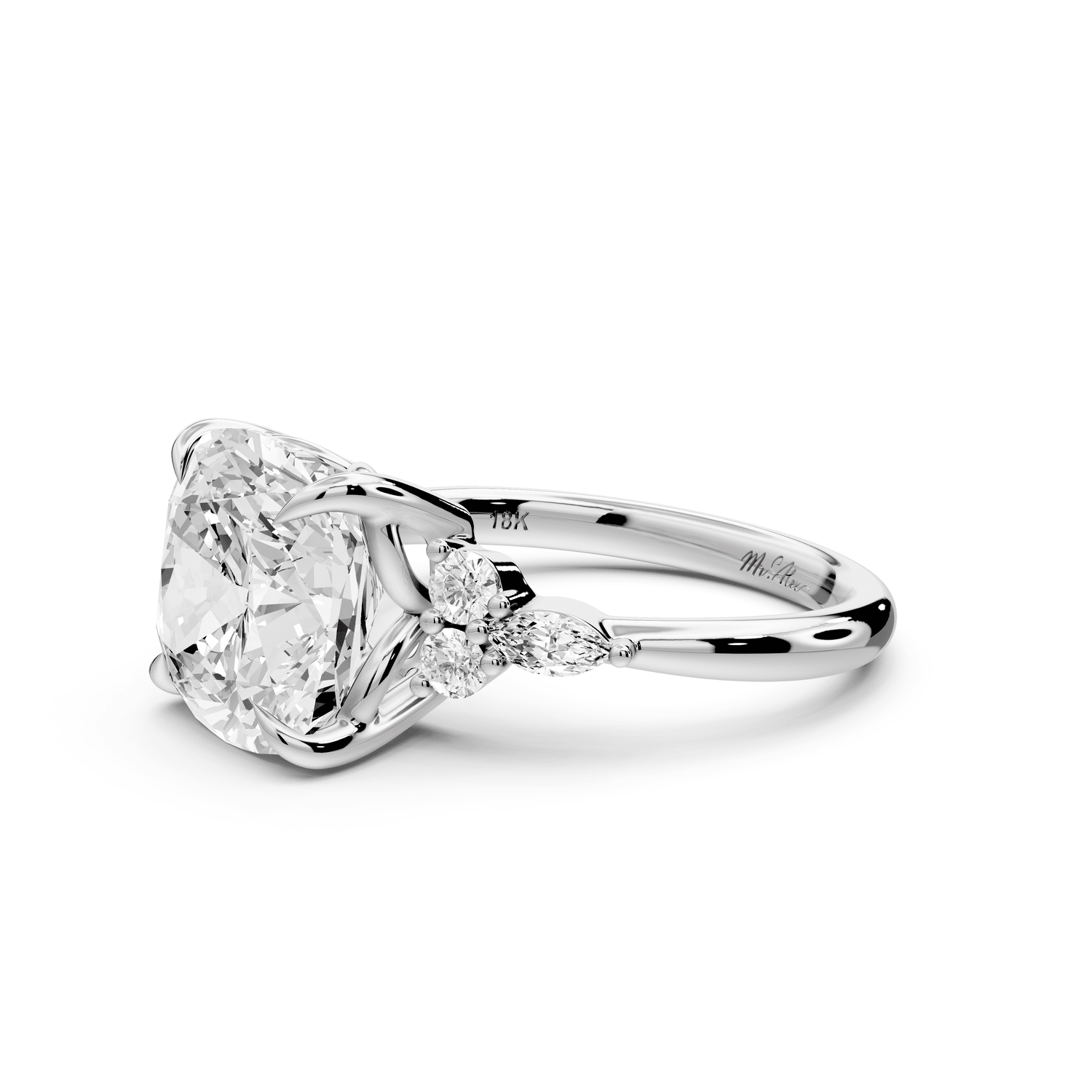Sandi - 5ct 14k white gold Cushion Floral Cluster Side-Stone Engagement Ring with Plain Band - Mr. Alex Jewelry