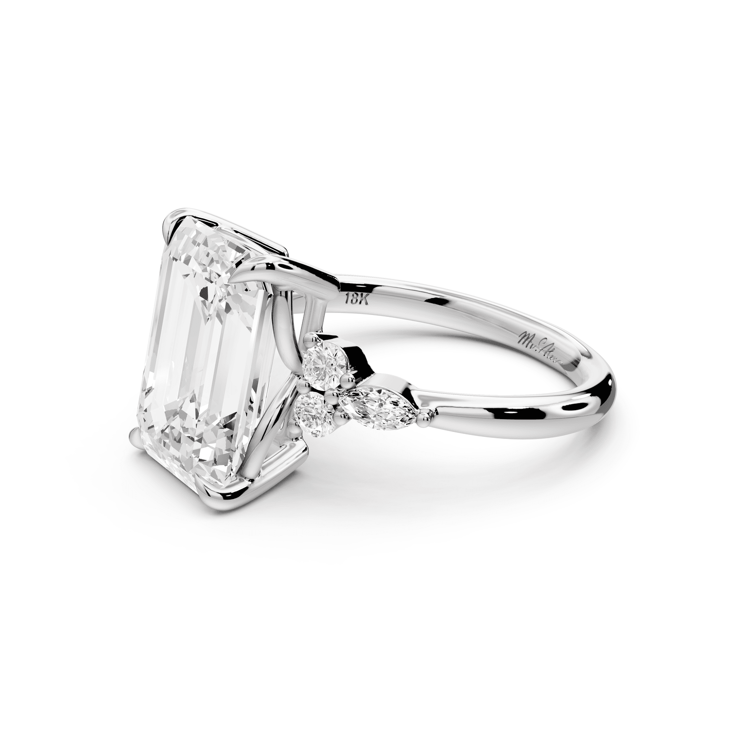 Sandi - 5ct 14k white gold Emerald Floral Cluster Side-Stone Engagement Ring with Plain Band - Mr. Alex Jewelry