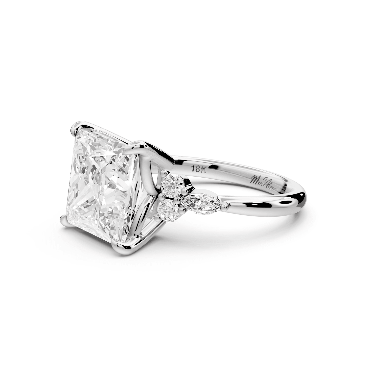 Sandi - 5ct 14k white gold Princess Floral Cluster Side-Stone Engagement Ring with Plain Band - Mr. Alex Jewelry