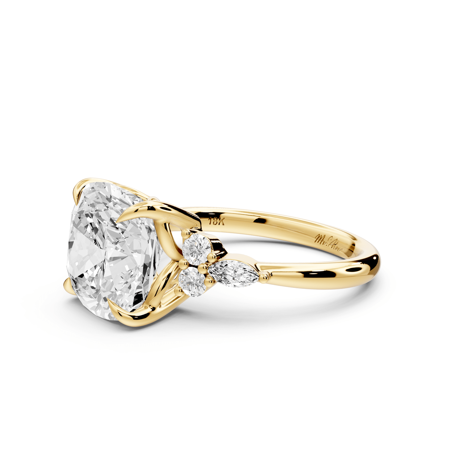 Sandi - 5ct 14k yellow gold Cushion Floral Cluster Side-Stone Engagement Ring with Plain Band - Mr. Alex Jewelry
