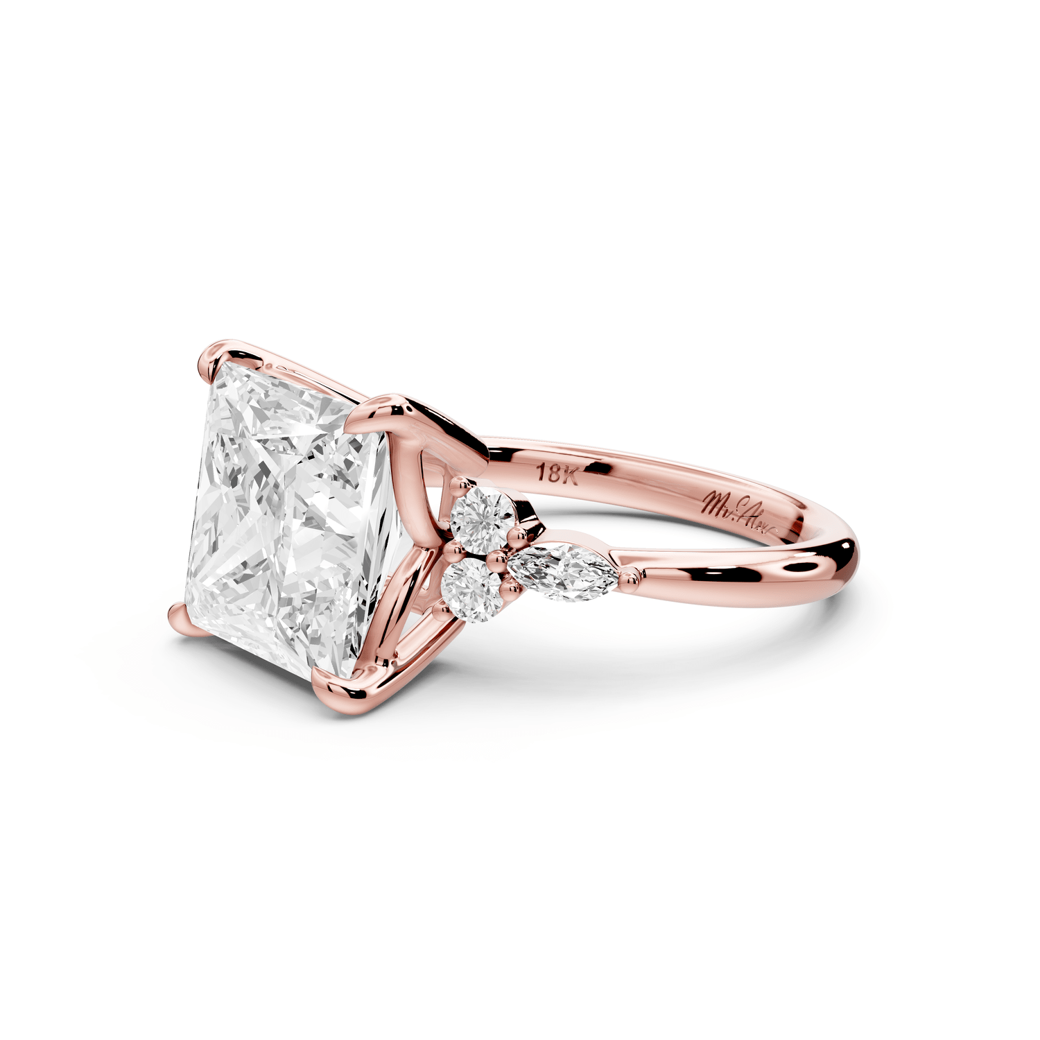 Sandi - 5ct 18k rose gold Princess Floral Cluster Side-Stone Engagement Ring with Plain Band - Mr. Alex Jewelry