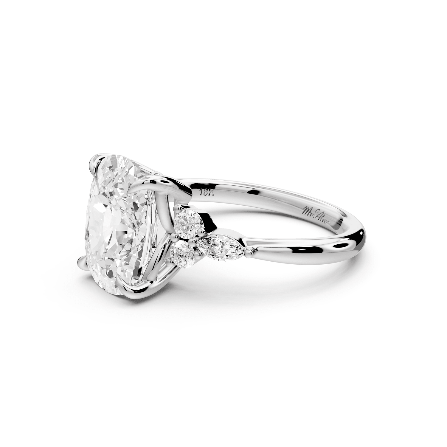 Sandi - 5ct 18k white gold Ecushion Floral Cluster Side-Stone Engagement Ring with Plain Band - Mr. Alex Jewelry