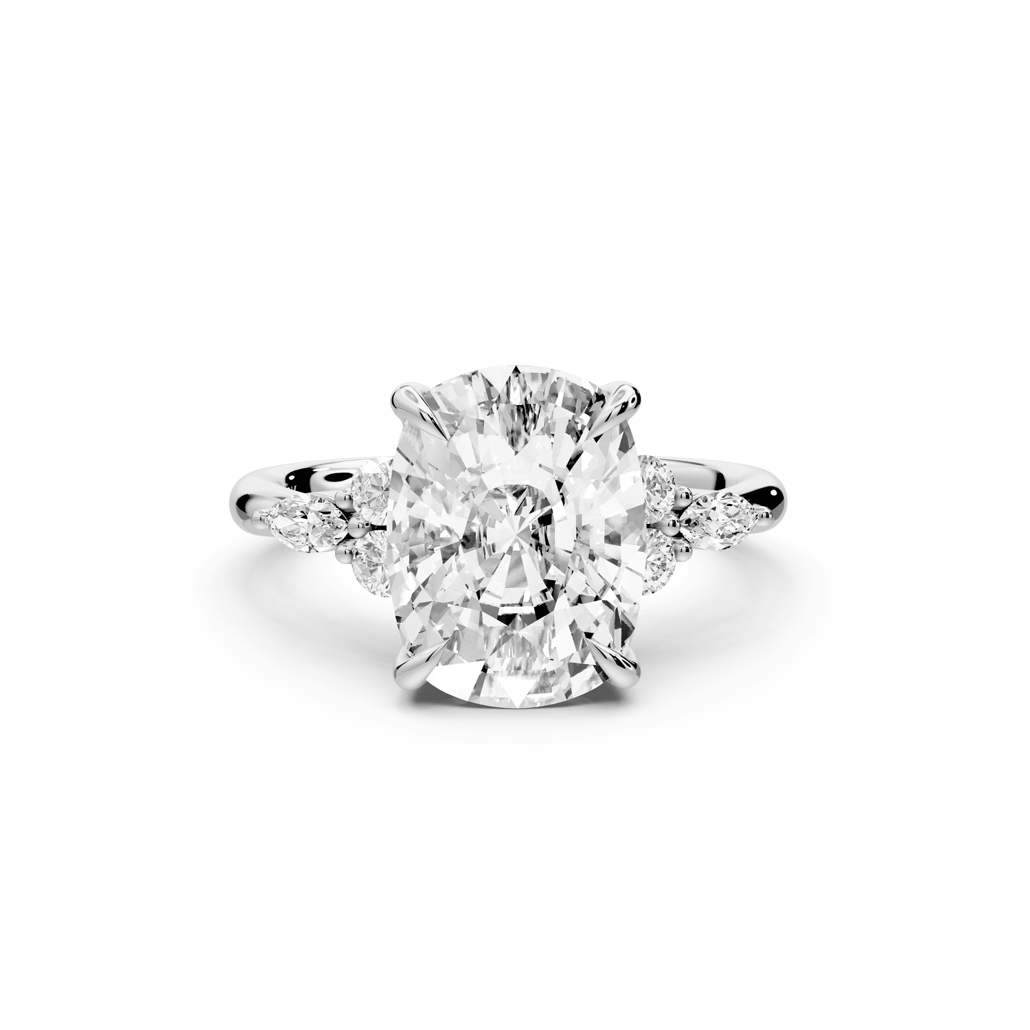 Sandi - 5ct 18k white gold Ecushion Floral Cluster Side-Stone Engagement Ring with Plain Band - Mr. Alex Jewelry
