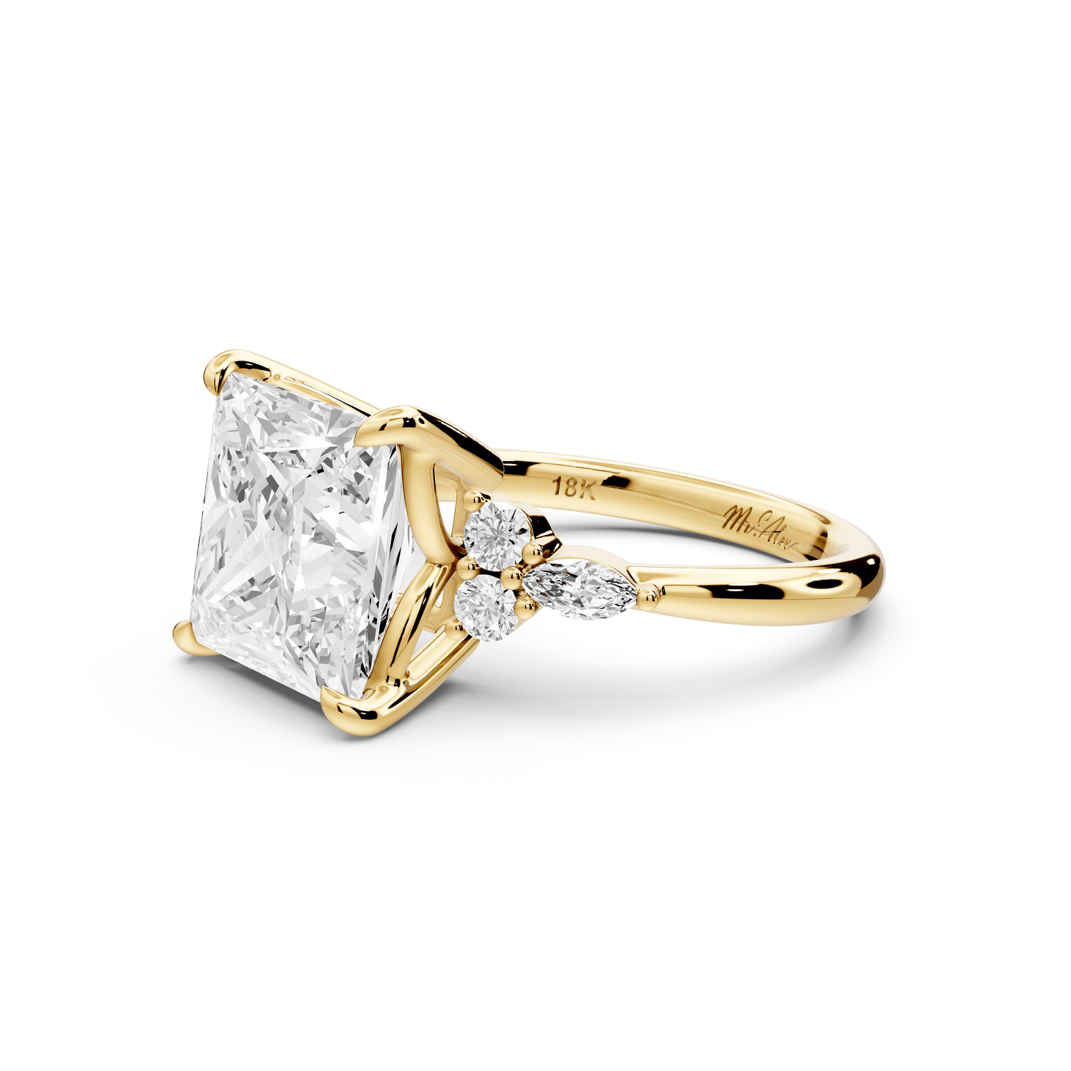 Sandi - 5ct 18k yellow gold Princess Floral Cluster Side-Stone Engagement Ring with Plain Band - Mr. Alex Jewelry