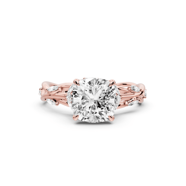 Sarah - 2ct 14k rose gold Cushion Nature-Inspired Engagement Ring with Sculpted Vine and Leaf Side Stones - Mr. Alex Jewelry