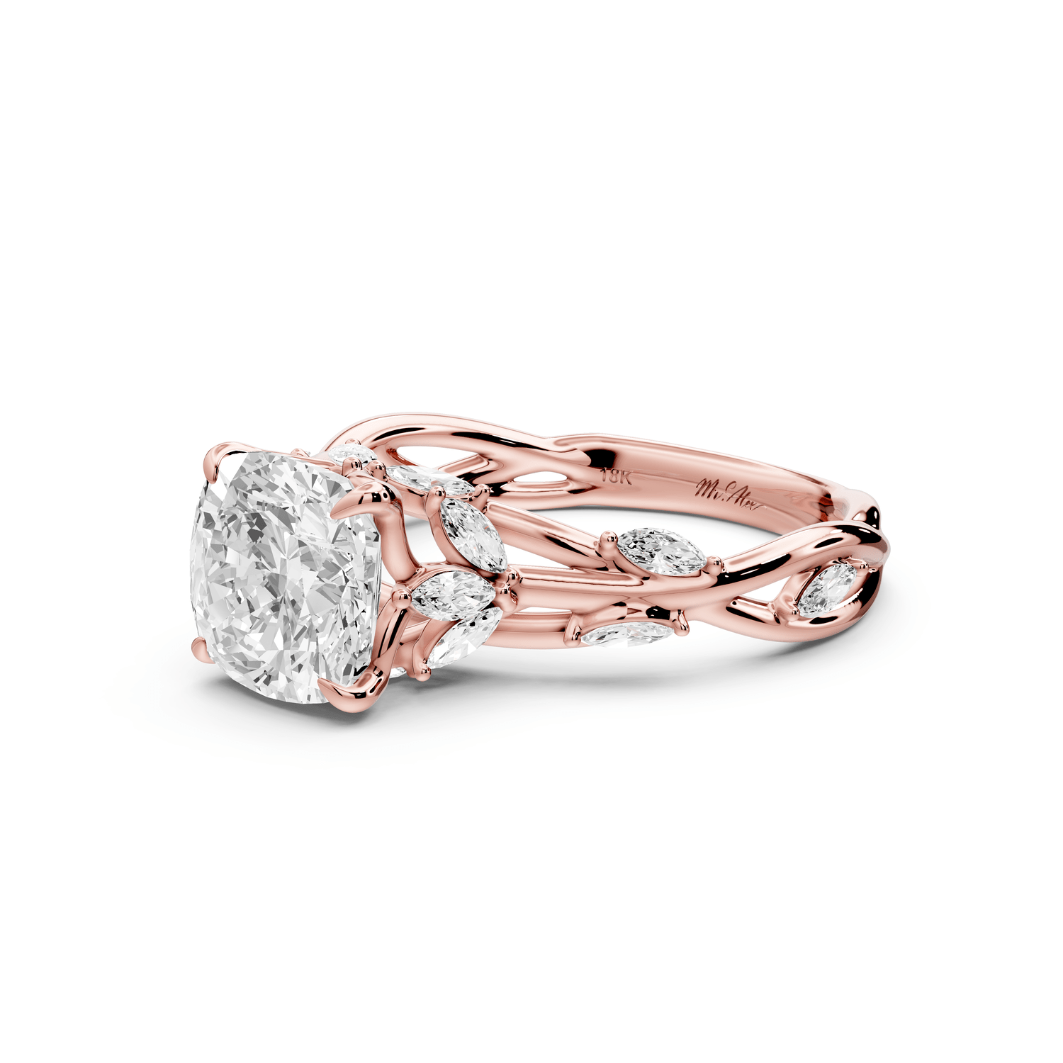 Sarah - 2ct 14k rose gold Cushion Nature-Inspired Engagement Ring with Sculpted Vine and Leaf Side Stones - Mr. Alex Jewelry
