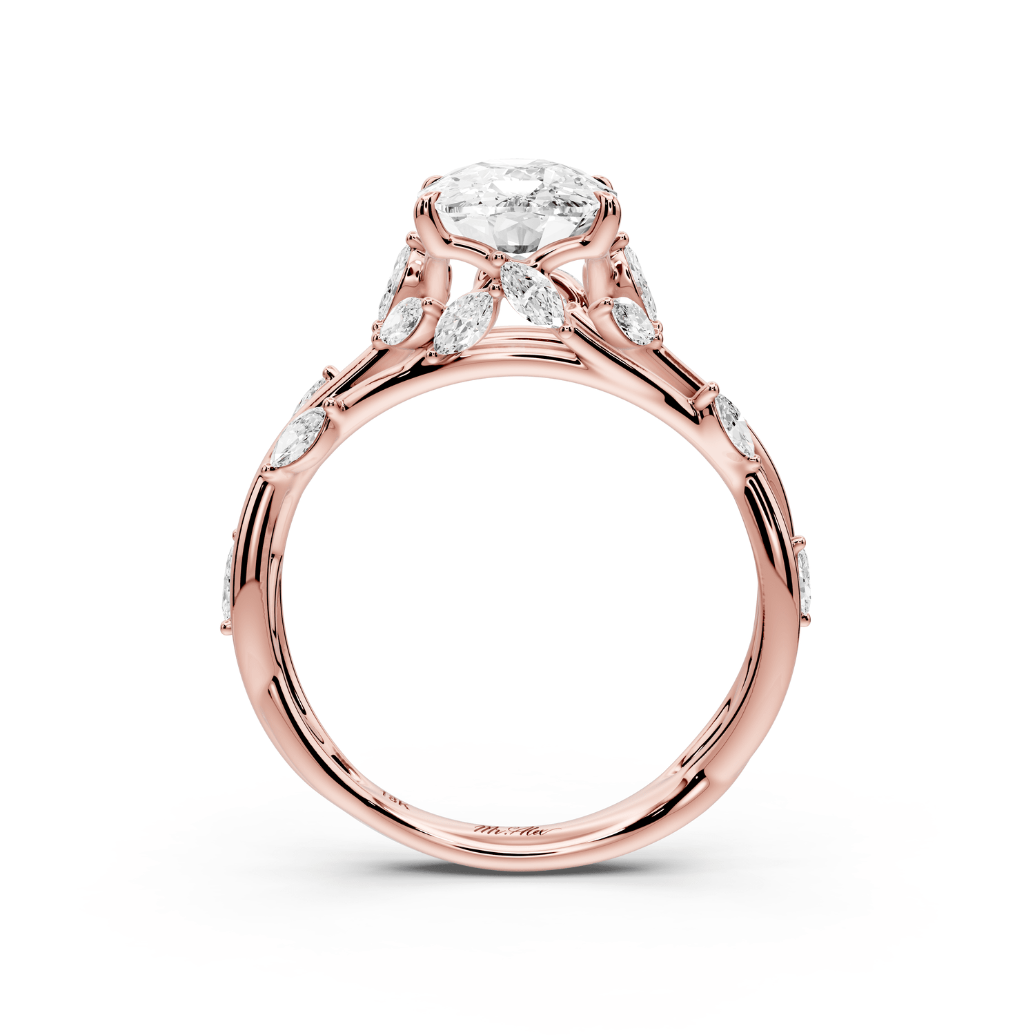 Sarah - 2ct 14k rose gold Ecushion Nature-Inspired Engagement Ring with Sculpted Vine and Leaf Side Stones - Mr. Alex Jewelry
