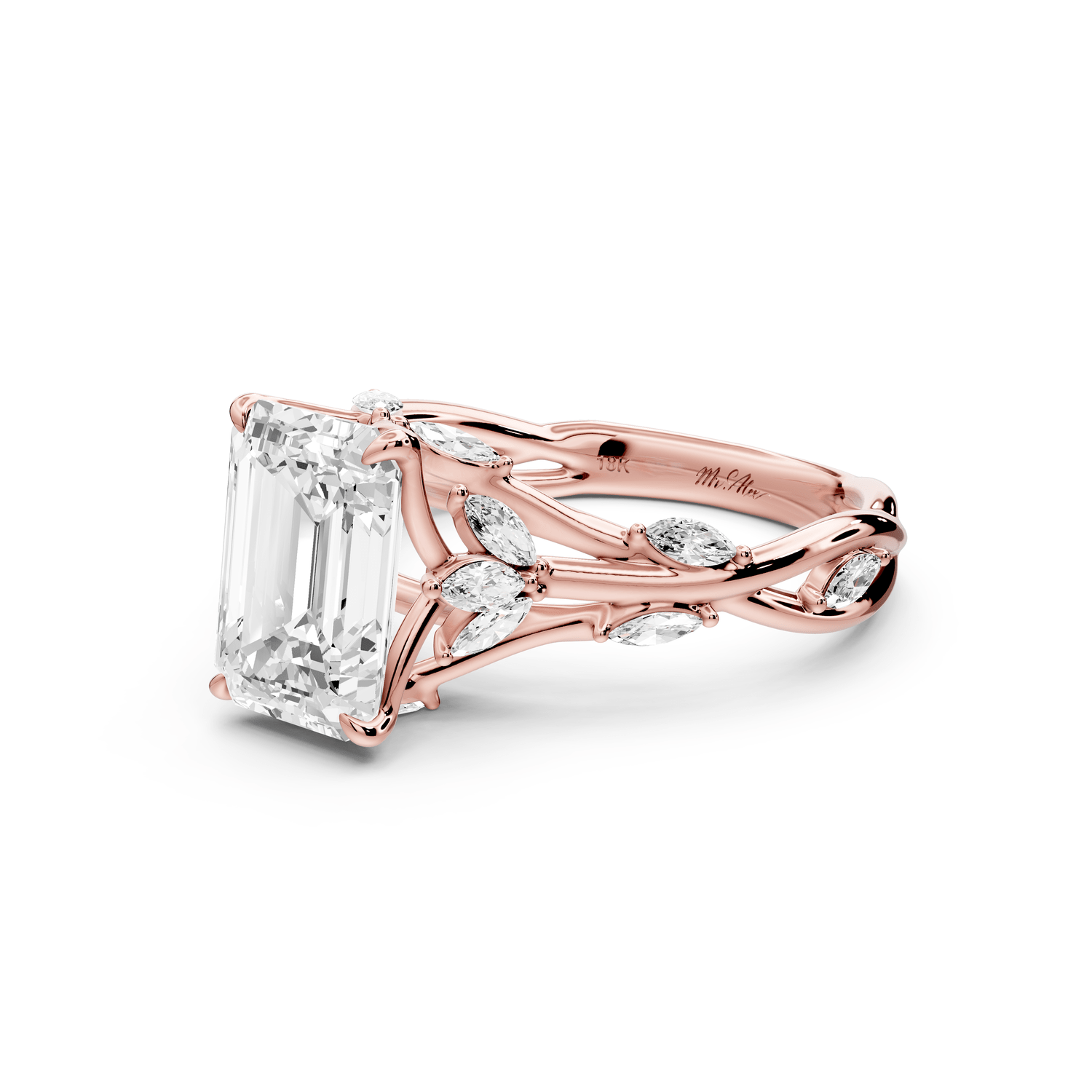 Sarah - 2ct 14k rose gold Emerald Nature-Inspired Engagement Ring with Sculpted Vine and Leaf Side Stones - Mr. Alex Jewelry