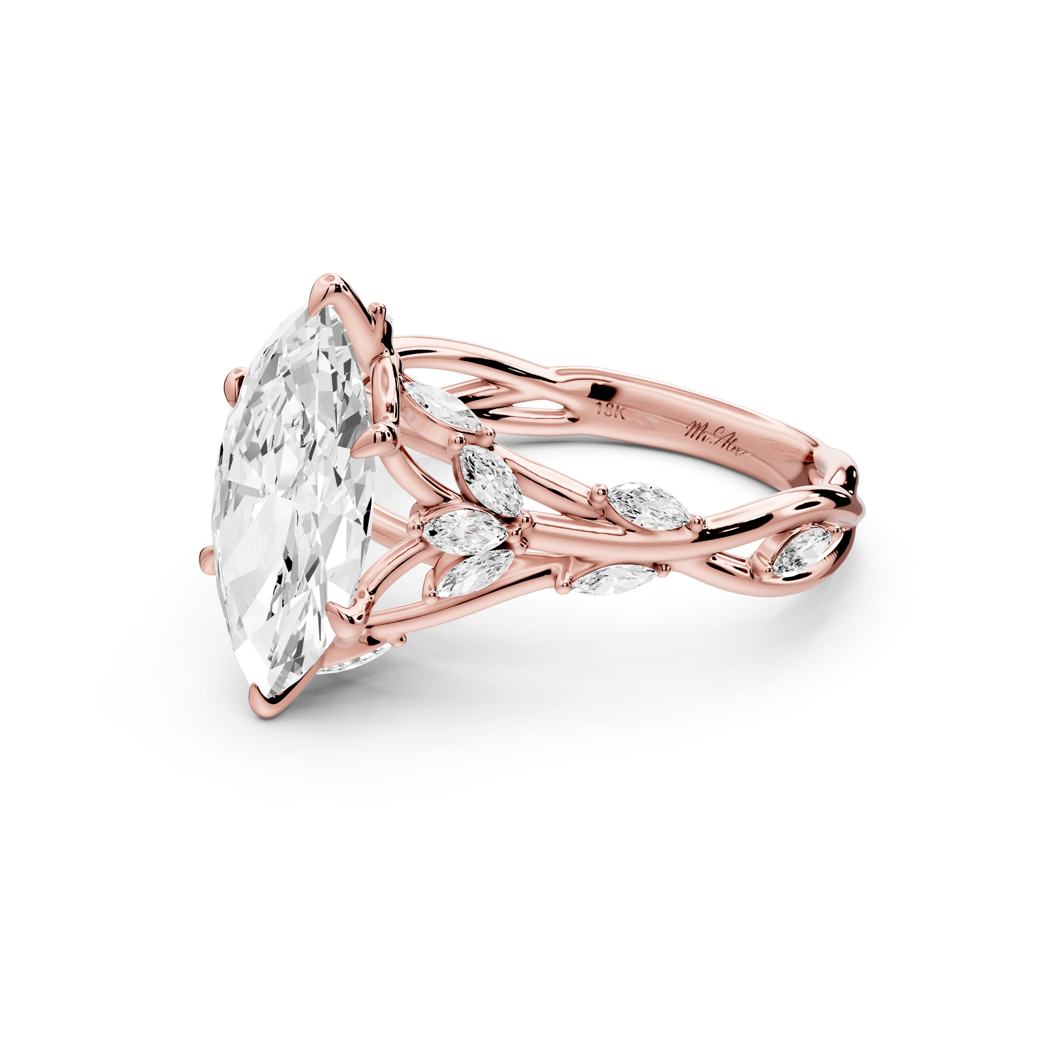 Sarah - 2ct 14k rose gold Marquise Nature-Inspired Engagement Ring with Sculpted Vine and Leaf Side Stones - Mr. Alex Jewelry