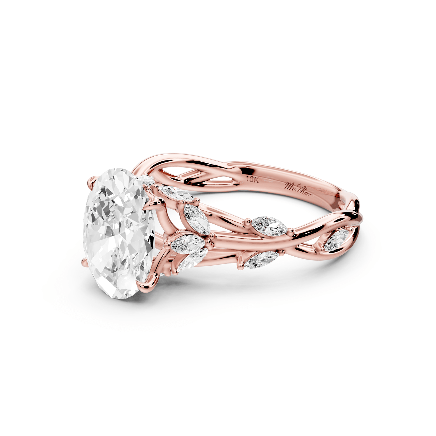 Sarah - 2ct 14k rose gold Oval Nature-Inspired Engagement Ring with Sculpted Vine and Leaf Side Stones - Mr. Alex Jewelry