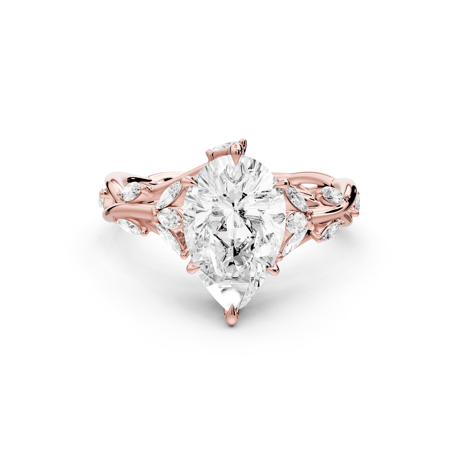 Sarah - 2ct 14k rose gold Pear Nature-Inspired Engagement Ring with Sculpted Vine and Leaf Side Stones - Mr. Alex Jewelry