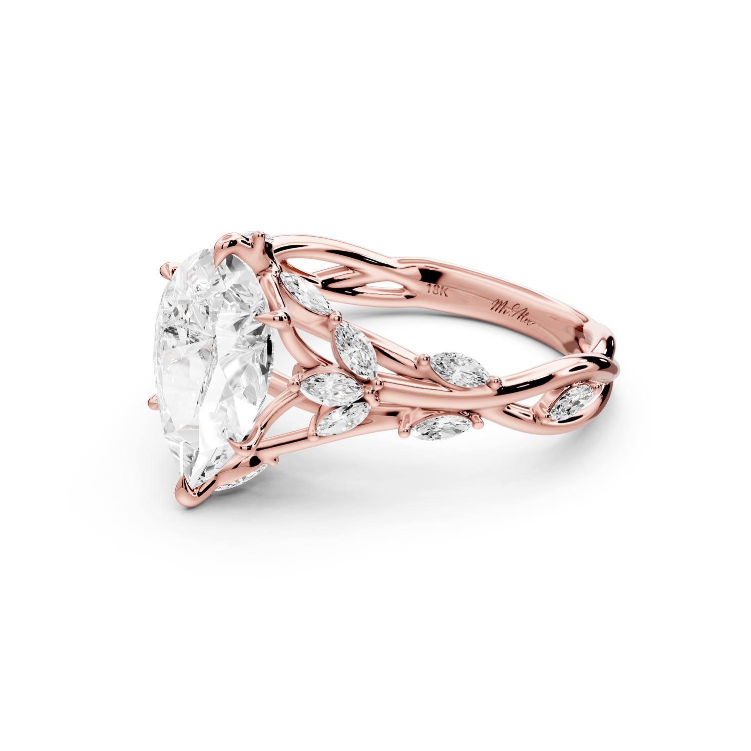 Sarah - 2ct 14k rose gold Pear Nature-Inspired Engagement Ring with Sculpted Vine and Leaf Side Stones - Mr. Alex Jewelry
