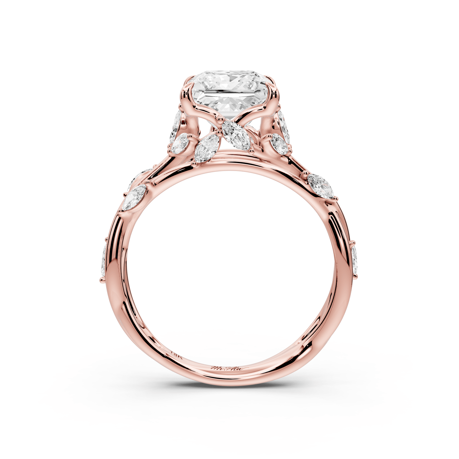 Sarah - 2ct 14k rose gold Princess Nature-Inspired Engagement Ring with Sculpted Vine and Leaf Side Stones - Mr. Alex Jewelry