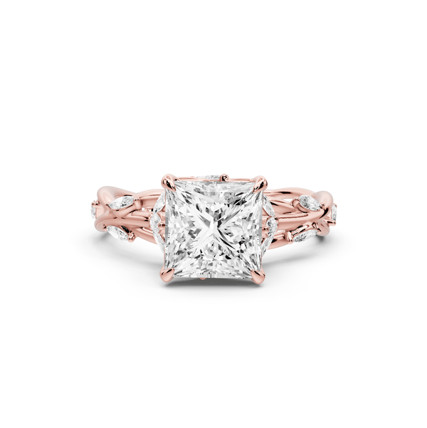 Sarah - 2ct 14k rose gold Princess Nature-Inspired Engagement Ring with Sculpted Vine and Leaf Side Stones - Mr. Alex Jewelry