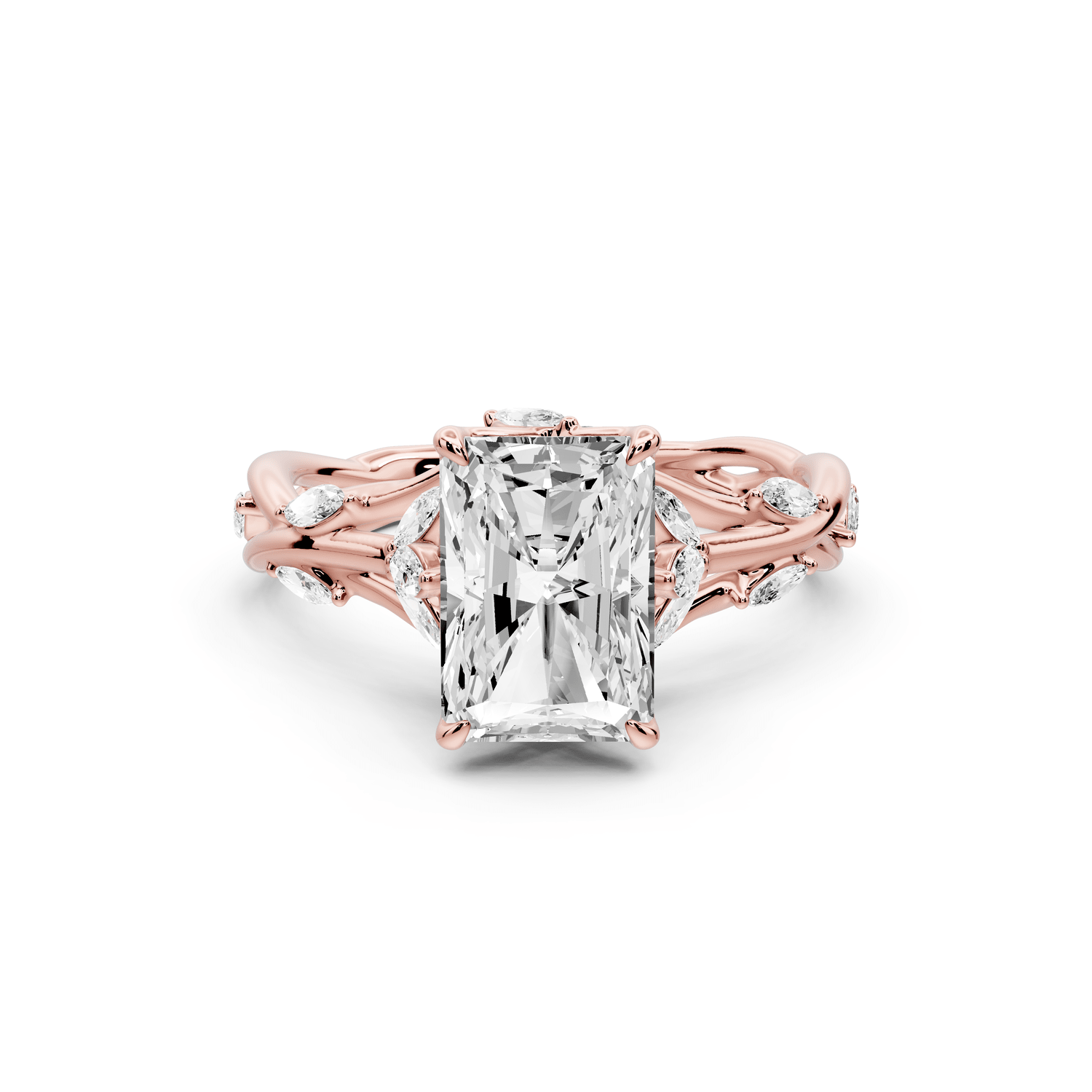 Sarah - 2ct 14k rose gold Radiant Nature-Inspired Engagement Ring with Sculpted Vine and Leaf Side Stones - Mr. Alex Jewelry