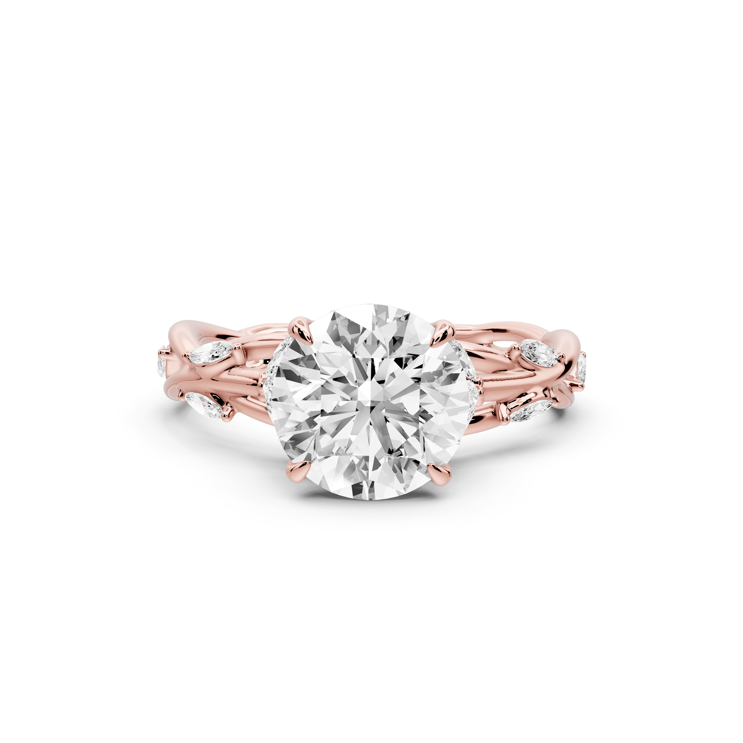 Sarah - 2ct 14k rose gold Round Nature-Inspired Engagement Ring with Sculpted Vine and Leaf Side Stones - Mr. Alex Jewelry
