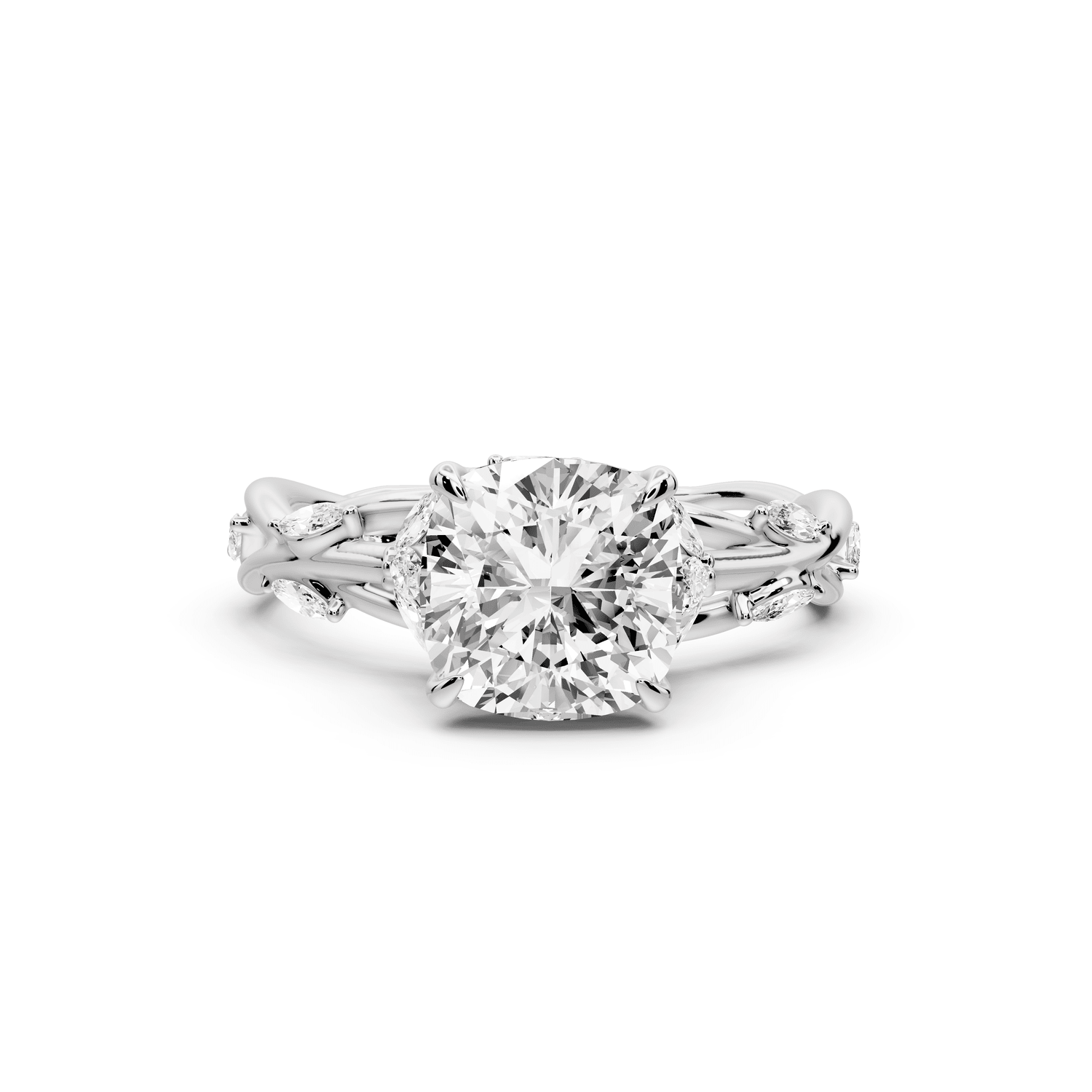 Sarah - 2ct 14k white gold Cushion Nature-Inspired Engagement Ring with Sculpted Vine and Leaf Side Stones - Mr. Alex Jewelry
