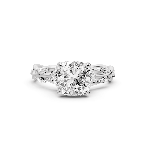 Sarah - 2ct 14k white gold Cushion Nature-Inspired Engagement Ring with Sculpted Vine and Leaf Side Stones - Mr. Alex Jewelry