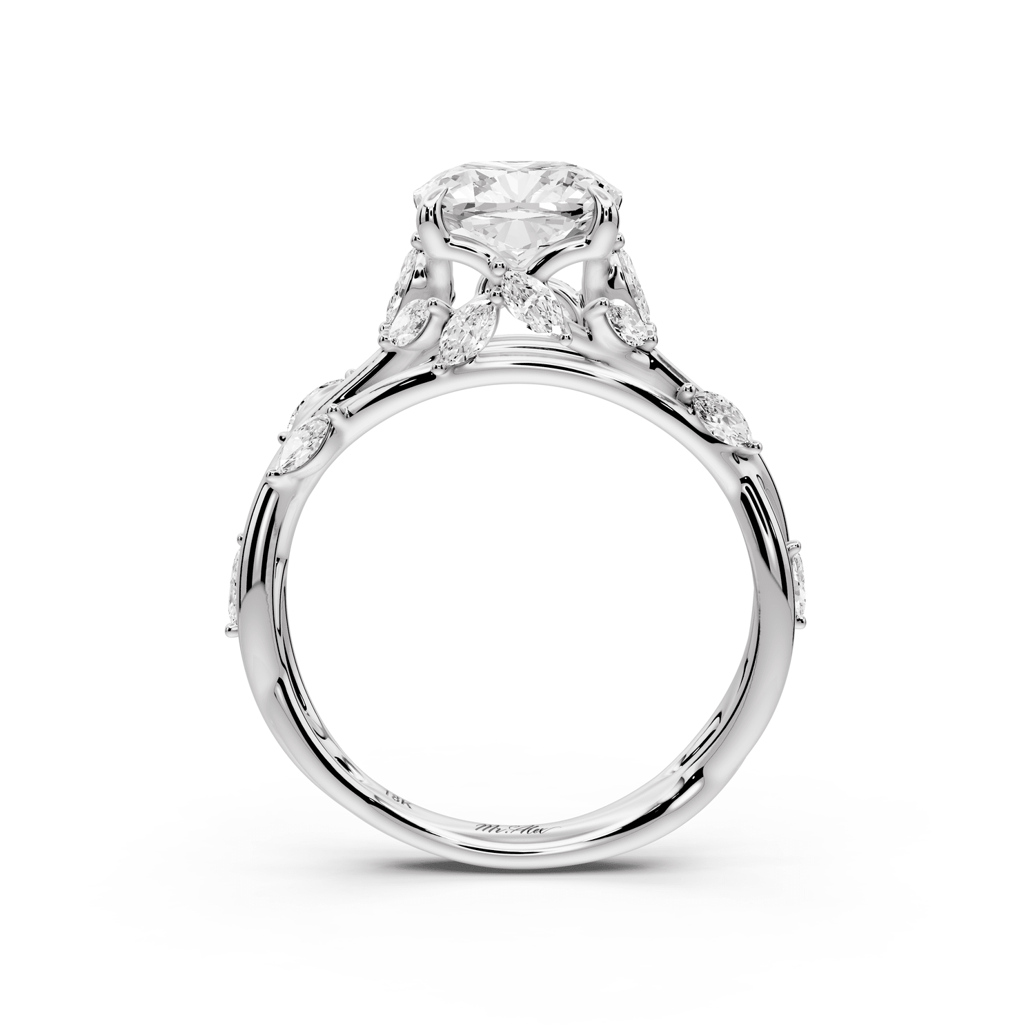 Sarah - 2ct 14k white gold Cushion Nature-Inspired Engagement Ring with Sculpted Vine and Leaf Side Stones - Mr. Alex Jewelry