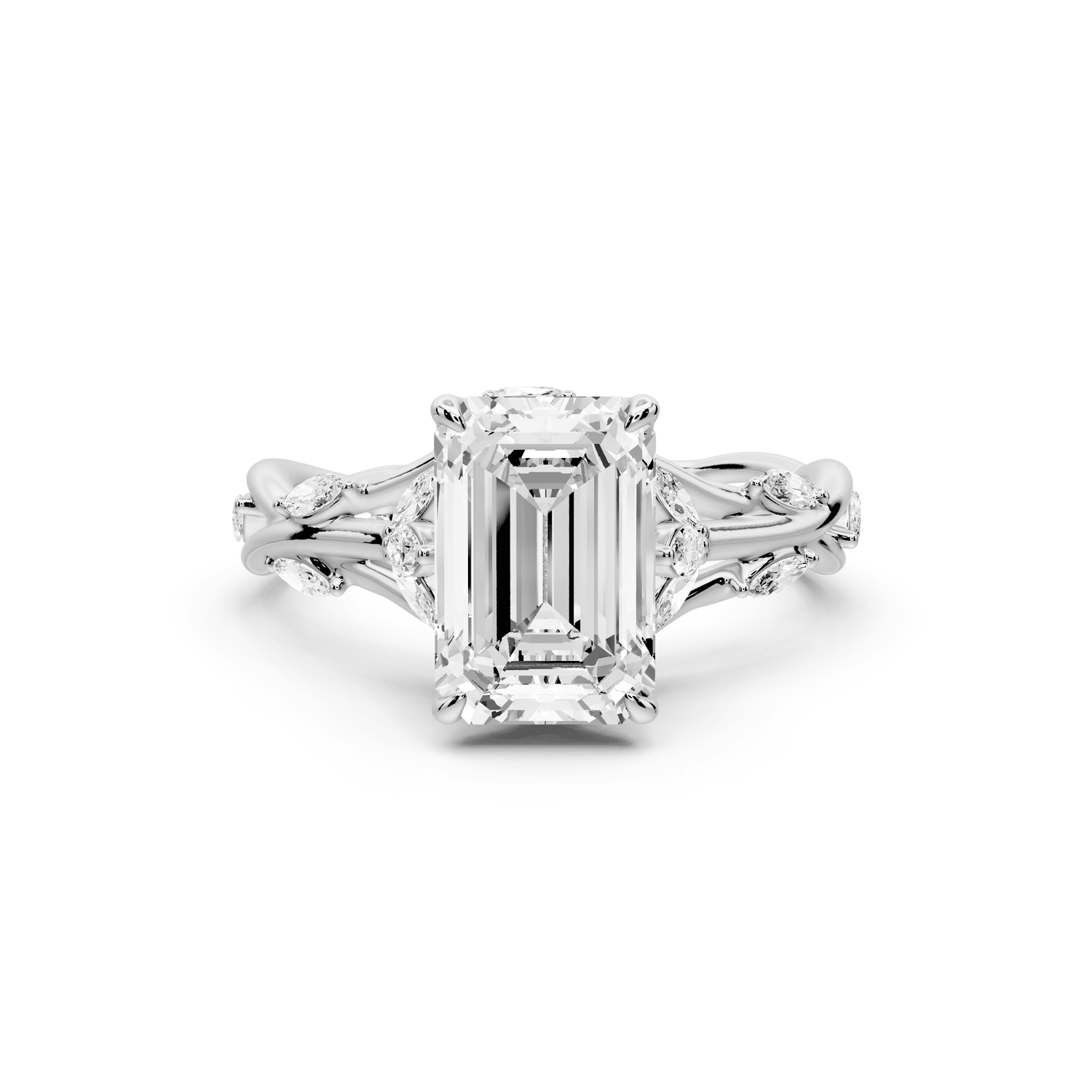 Sarah - 2ct 14k white gold Emerald Nature-Inspired Engagement Ring with Sculpted Vine and Leaf Side Stones - Mr. Alex Jewelry