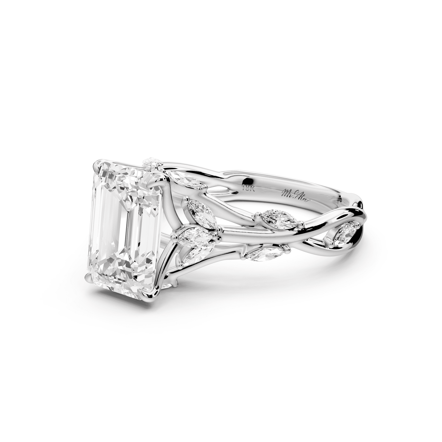 Sarah - 2ct 14k white gold Emerald Nature-Inspired Engagement Ring with Sculpted Vine and Leaf Side Stones - Mr. Alex Jewelry