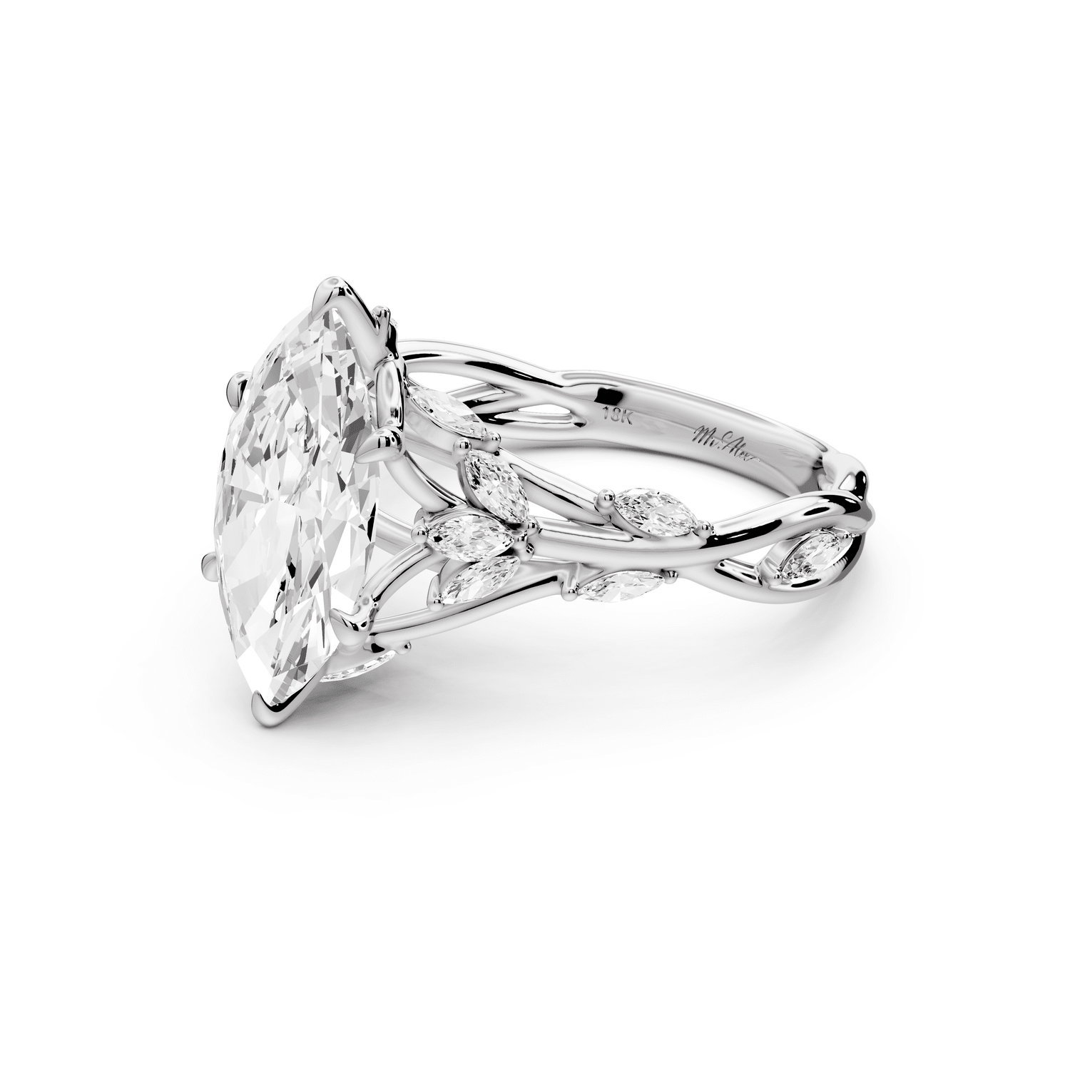 Sarah - 2ct 14k white gold Marquise Nature-Inspired Engagement Ring with Sculpted Vine and Leaf Side Stones - Mr. Alex Jewelry