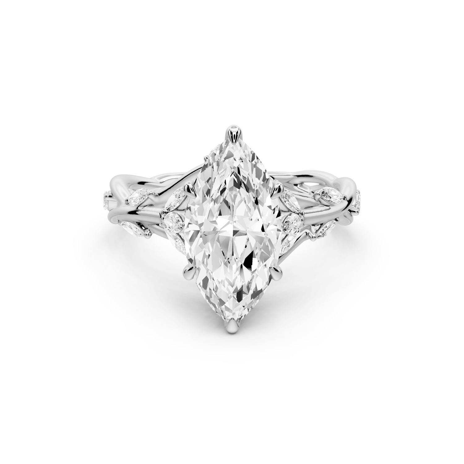 Sarah - 2ct 14k white gold Marquise Nature-Inspired Engagement Ring with Sculpted Vine and Leaf Side Stones - Mr. Alex Jewelry