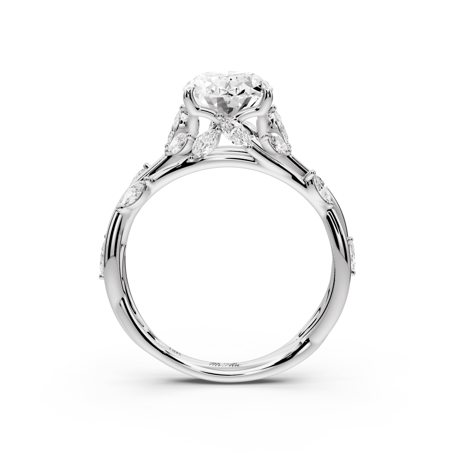 Sarah - 2ct 14k white gold Oval Nature-Inspired Engagement Ring with Sculpted Vine and Leaf Side Stones - Mr. Alex Jewelry