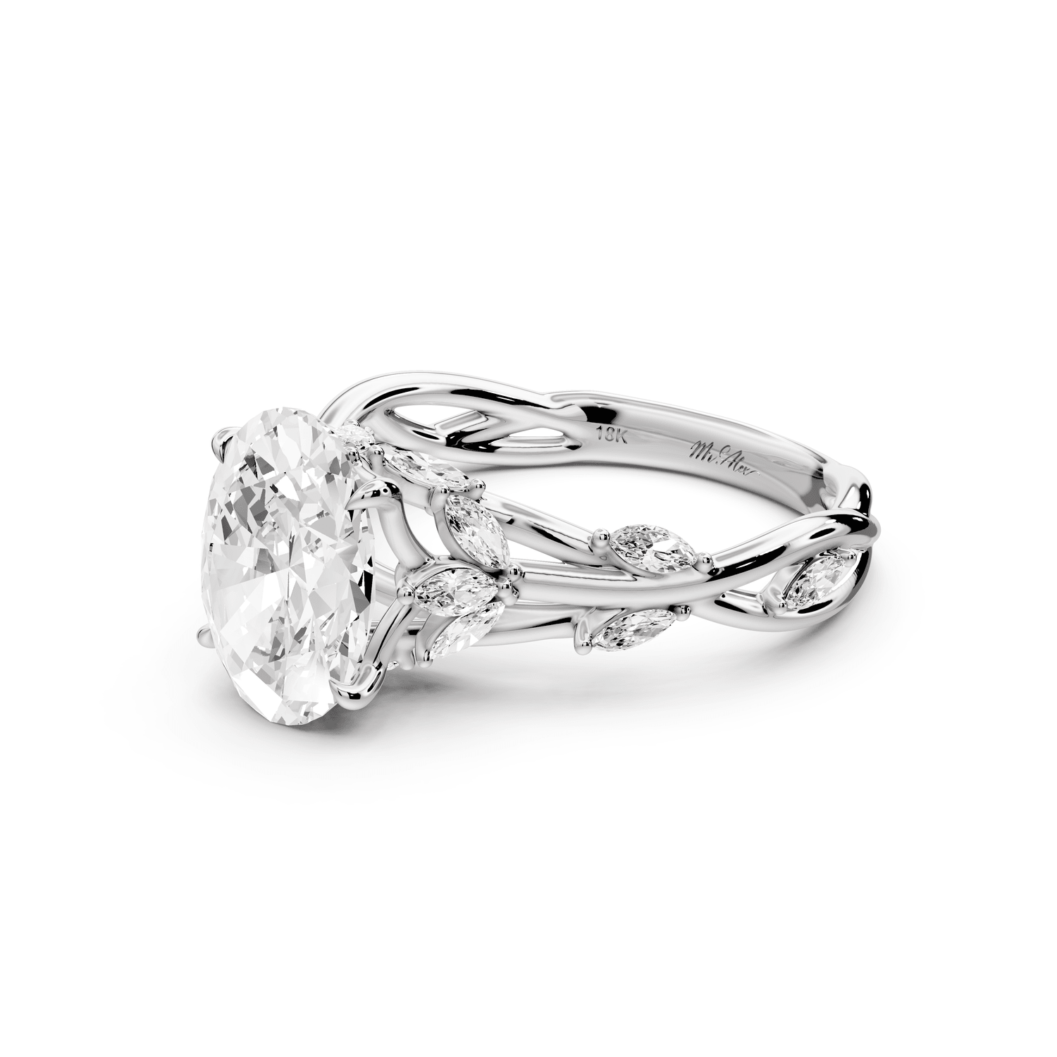 Sarah - 2ct 14k white gold Oval Nature-Inspired Engagement Ring with Sculpted Vine and Leaf Side Stones - Mr. Alex Jewelry