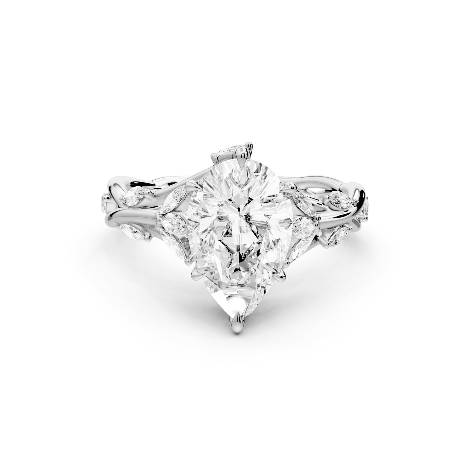 Sarah - 2ct 14k white gold Pear Nature-Inspired Engagement Ring with Sculpted Vine and Leaf Side Stones - Mr. Alex Jewelry