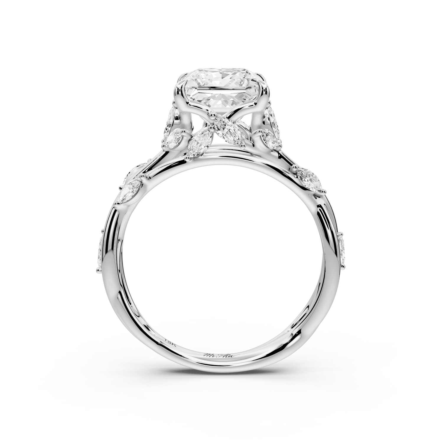 Sarah - 2ct 14k white gold Princess Nature-Inspired Engagement Ring with Sculpted Vine and Leaf Side Stones - Mr. Alex Jewelry