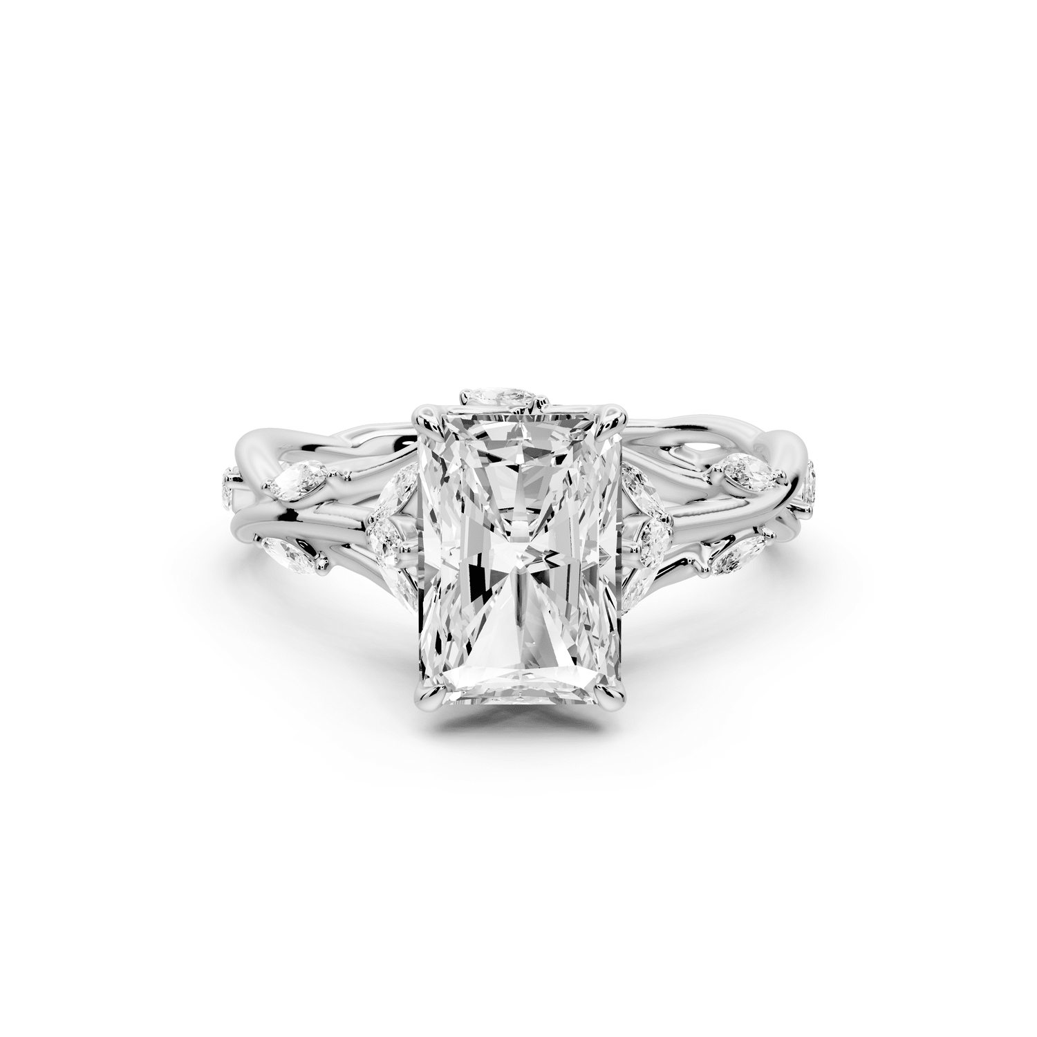 Sarah - 2ct 14k white gold Radiant Nature-Inspired Engagement Ring with Sculpted Vine and Leaf Side Stones - Mr. Alex Jewelry