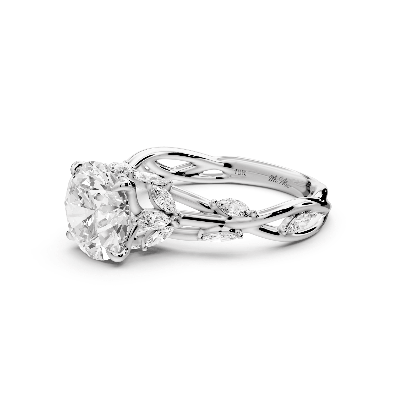Sarah - 2ct 14k white gold Round Nature-Inspired Engagement Ring with Sculpted Vine and Leaf Side Stones - Mr. Alex Jewelry
