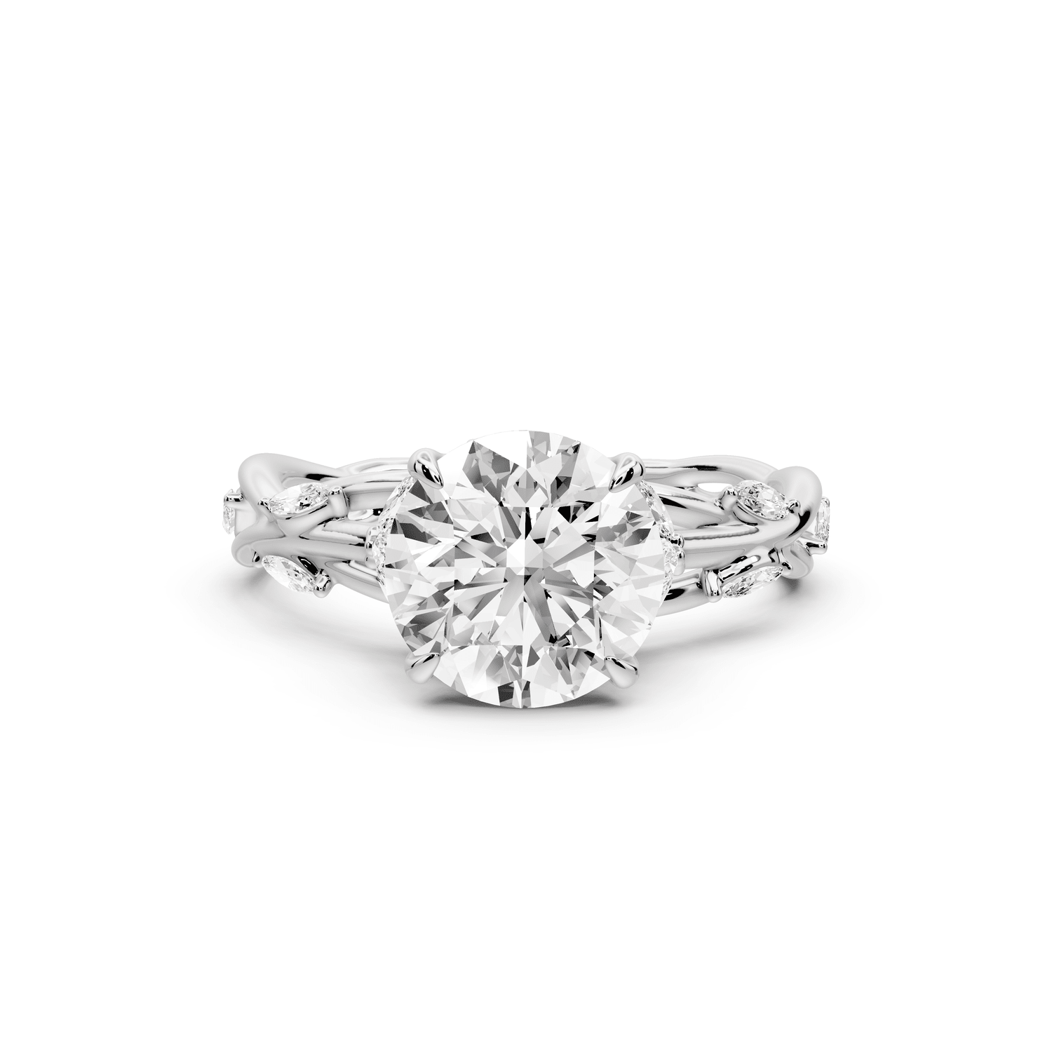 Sarah - 2ct 14k white gold Round Nature-Inspired Engagement Ring with Sculpted Vine and Leaf Side Stones - Mr. Alex Jewelry