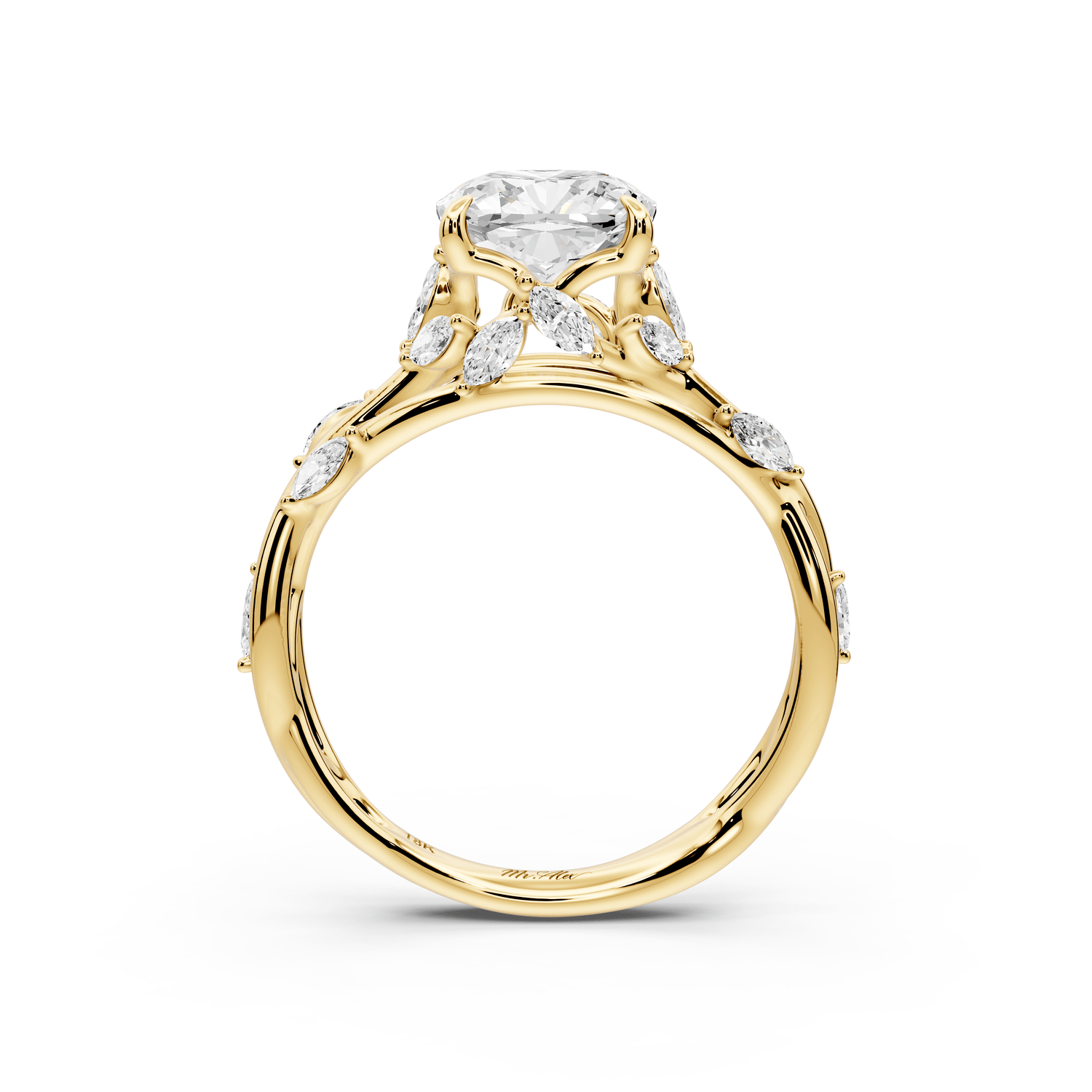 Sarah - 2ct 14k yellow gold Cushion Nature-Inspired Engagement Ring with Sculpted Vine and Leaf Side Stones - Mr. Alex Jewelry