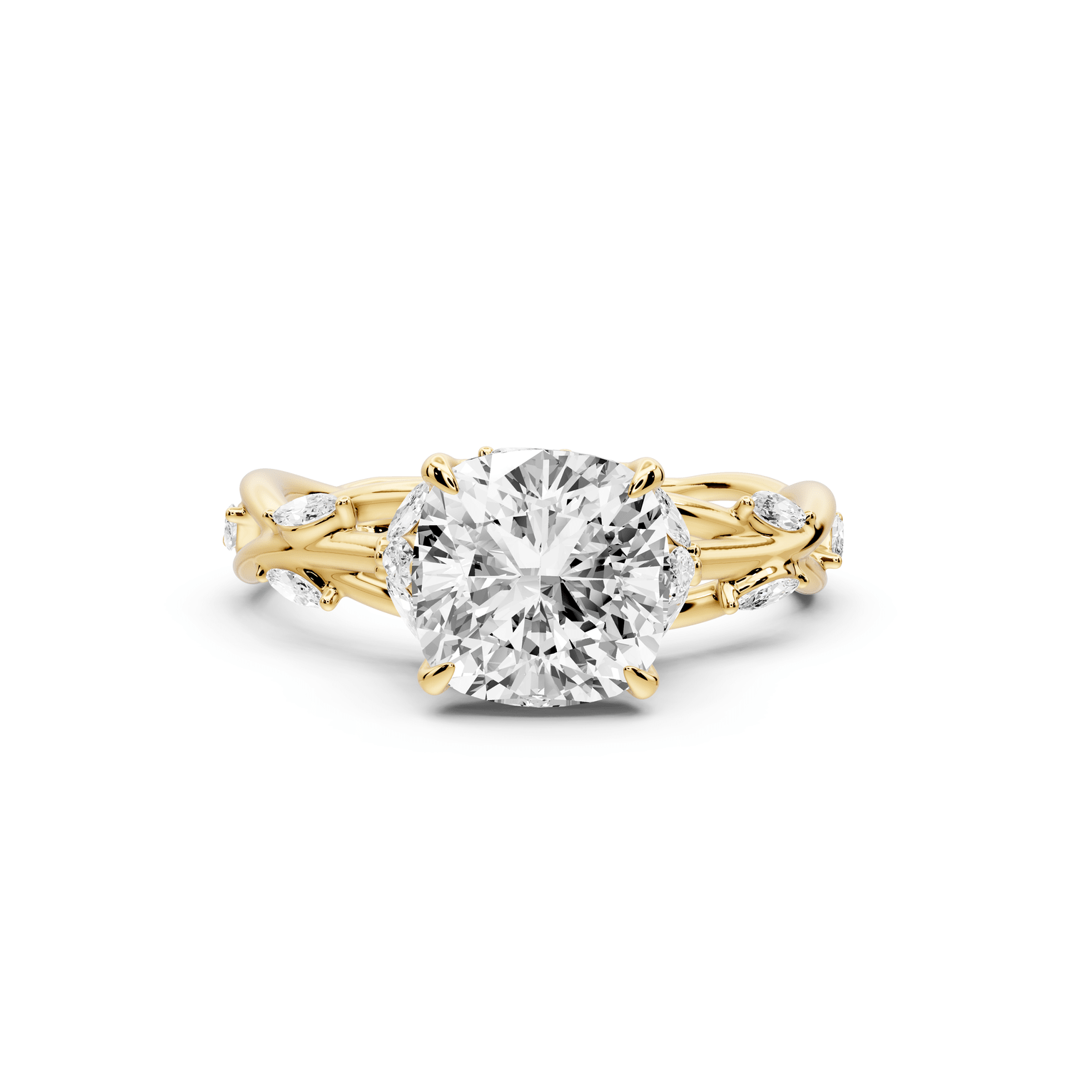Sarah - 2ct 14k yellow gold Cushion Nature-Inspired Engagement Ring with Sculpted Vine and Leaf Side Stones - Mr. Alex Jewelry