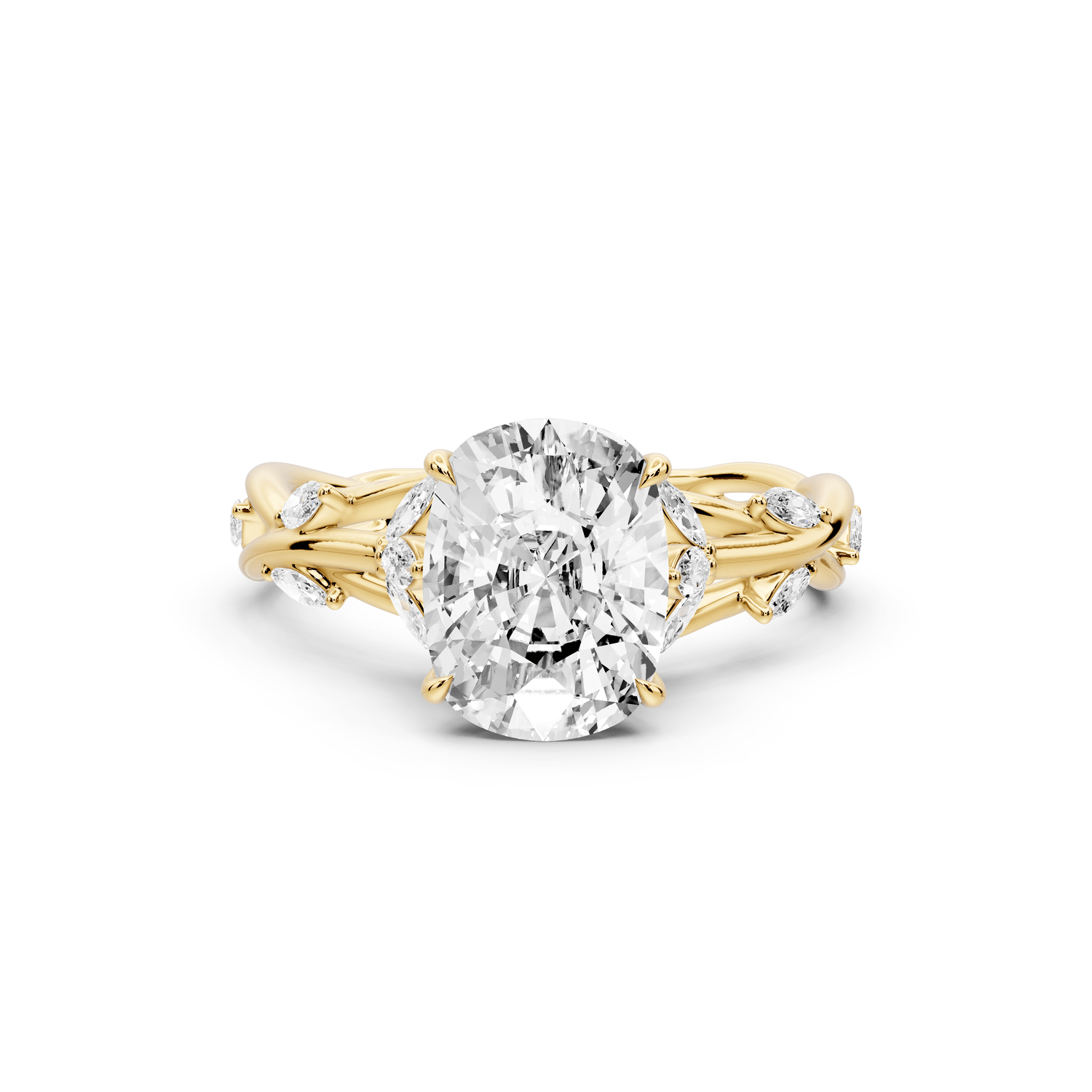 Sarah - 2ct 14k yellow gold Ecushion Nature-Inspired Engagement Ring with Sculpted Vine and Leaf Side Stones - Mr. Alex Jewelry