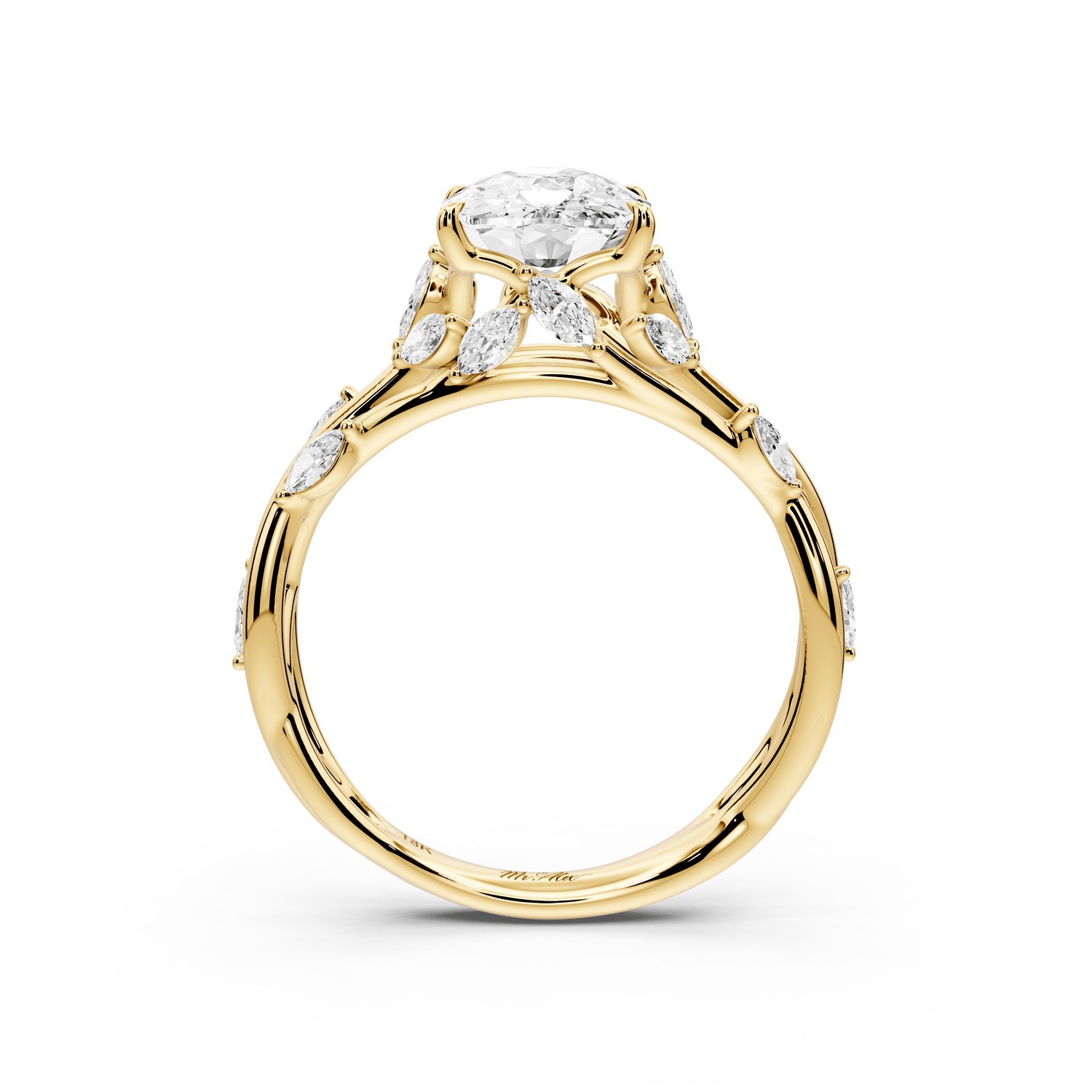 Sarah - 2ct 14k yellow gold Ecushion Nature-Inspired Engagement Ring with Sculpted Vine and Leaf Side Stones - Mr. Alex Jewelry