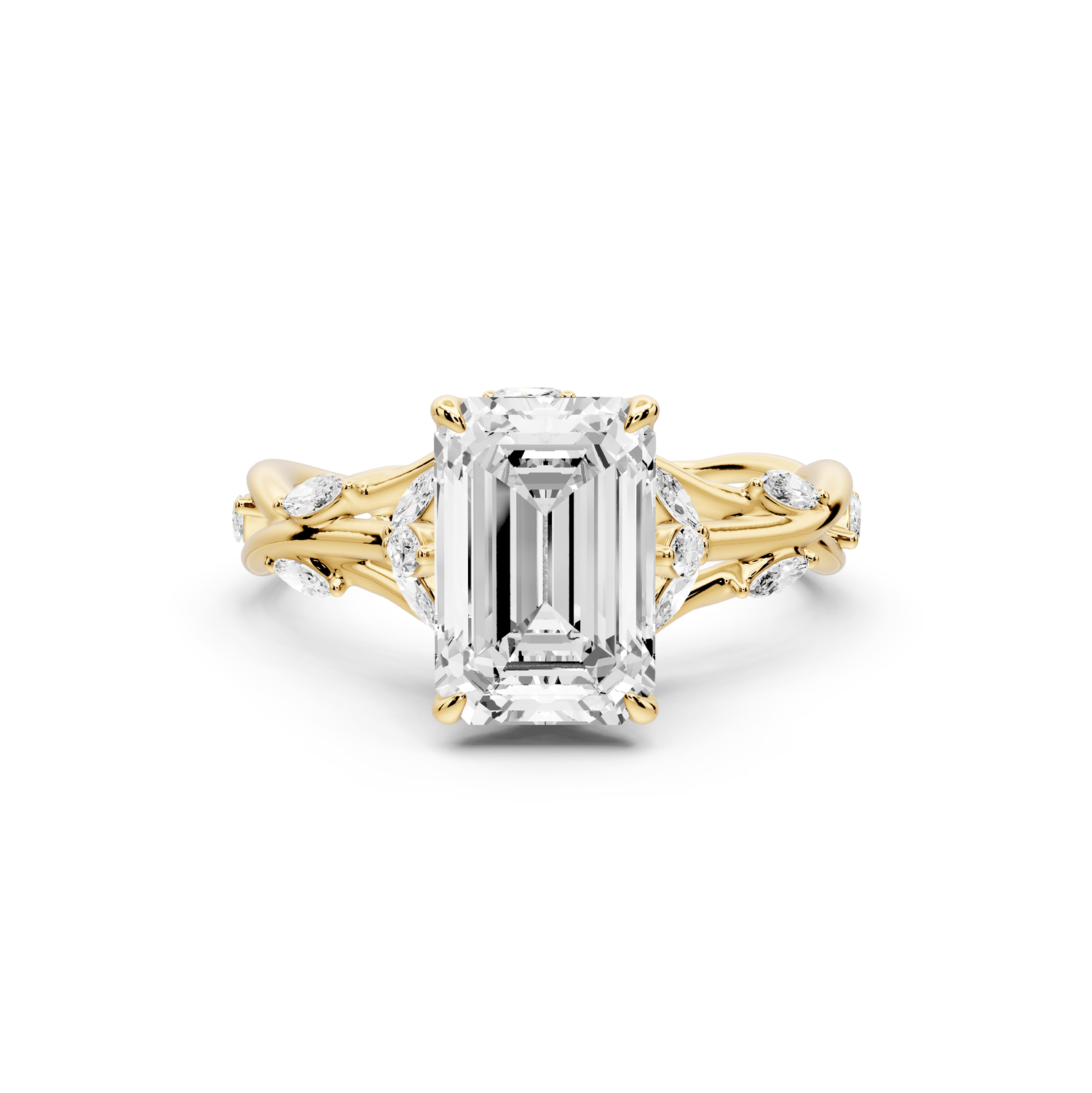 Sarah - 2ct 14k yellow gold Emerald Nature-Inspired Engagement Ring with Sculpted Vine and Leaf Side Stones - Mr. Alex Jewelry