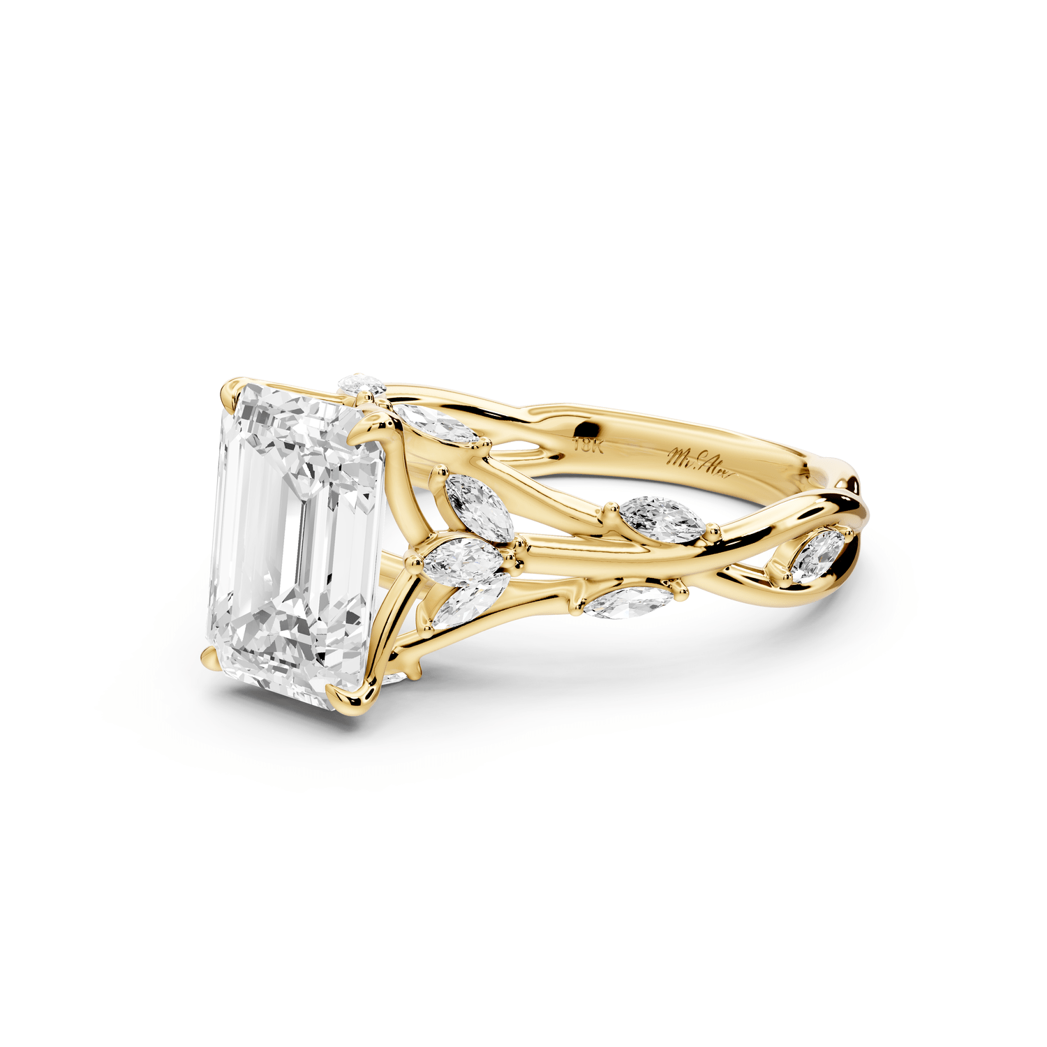 Sarah - 2ct 14k yellow gold Emerald Nature-Inspired Engagement Ring with Sculpted Vine and Leaf Side Stones - Mr. Alex Jewelry