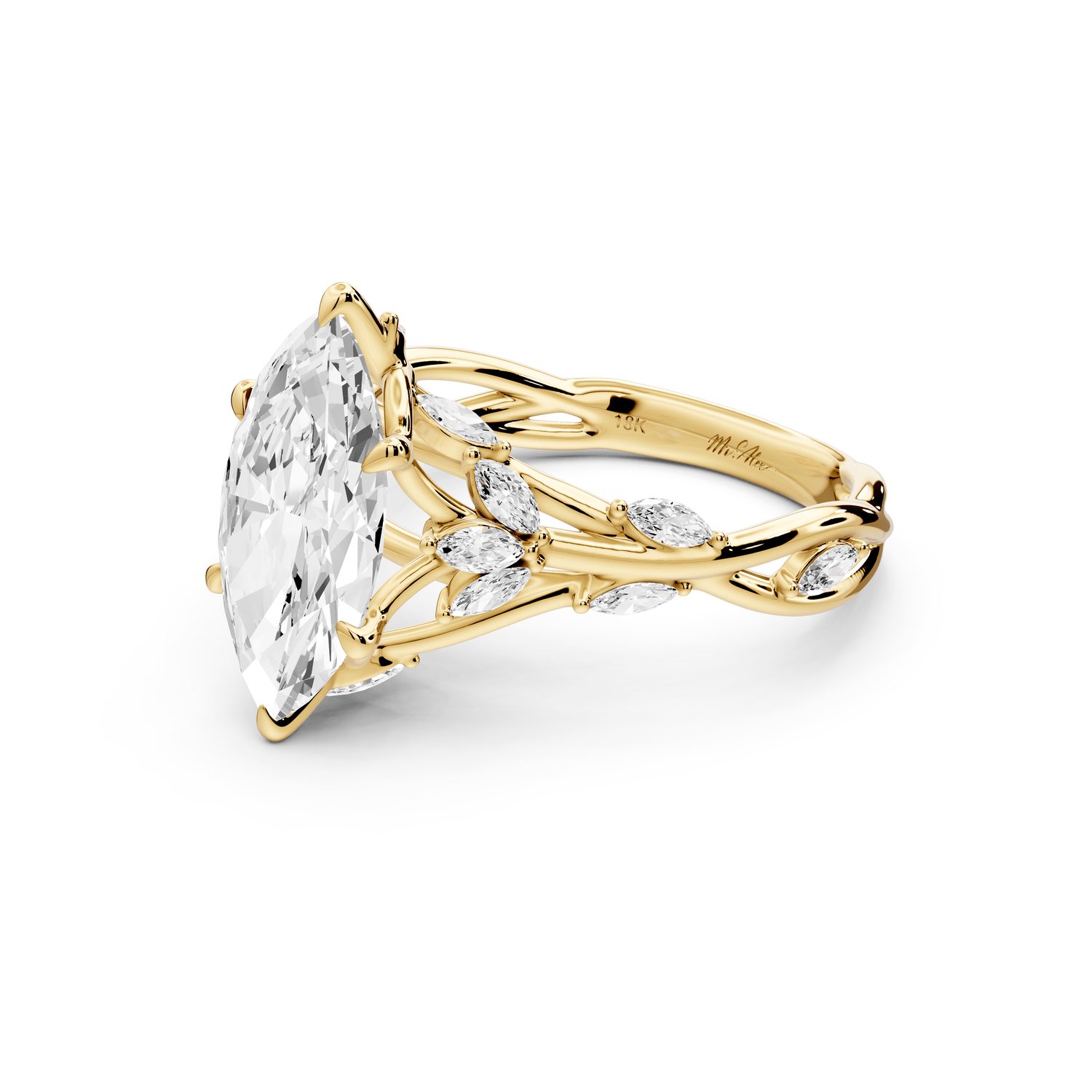 Sarah - 2ct 14k yellow gold Marquise Nature-Inspired Engagement Ring with Sculpted Vine and Leaf Side Stones - Mr. Alex Jewelry