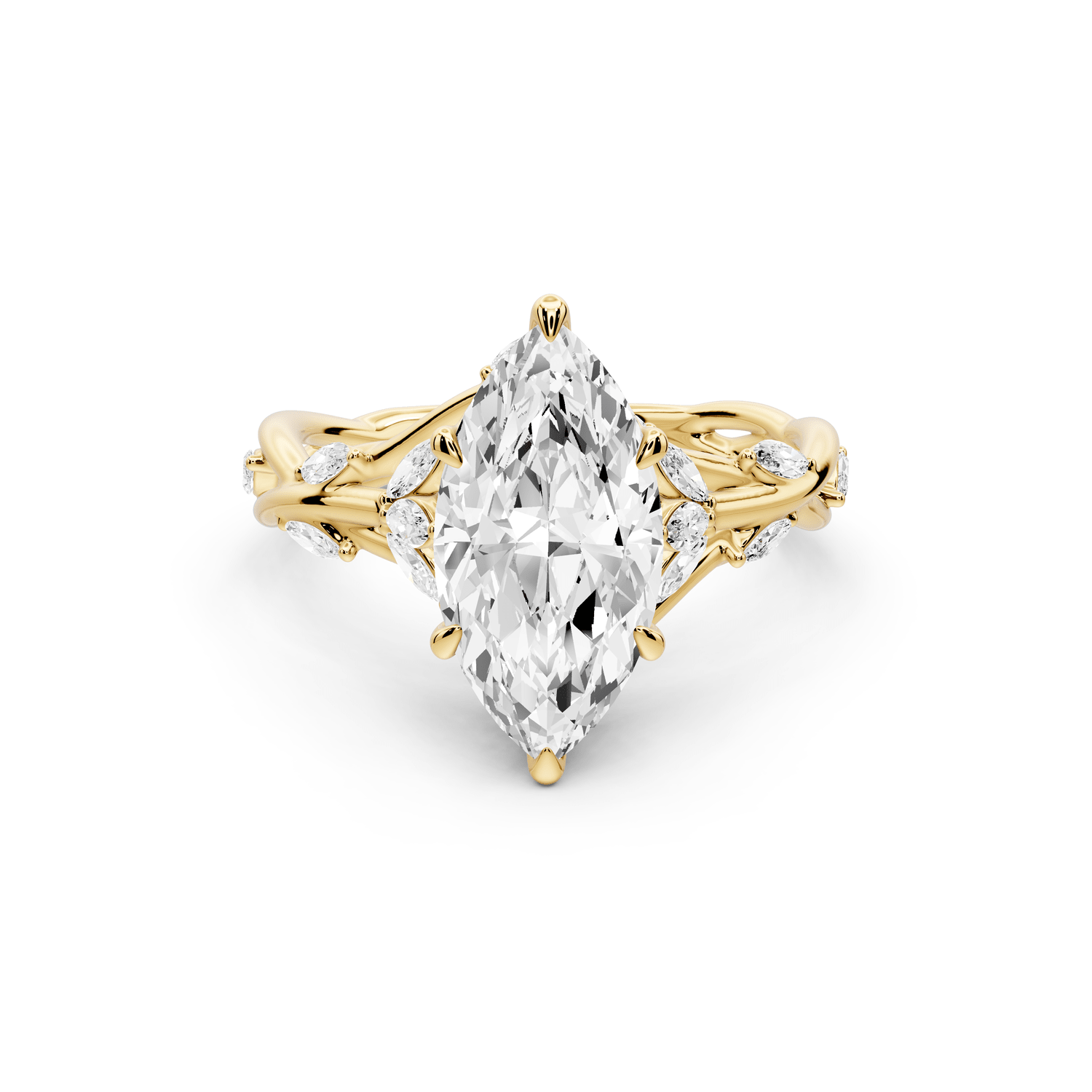Sarah - 2ct 14k yellow gold Marquise Nature-Inspired Engagement Ring with Sculpted Vine and Leaf Side Stones - Mr. Alex Jewelry