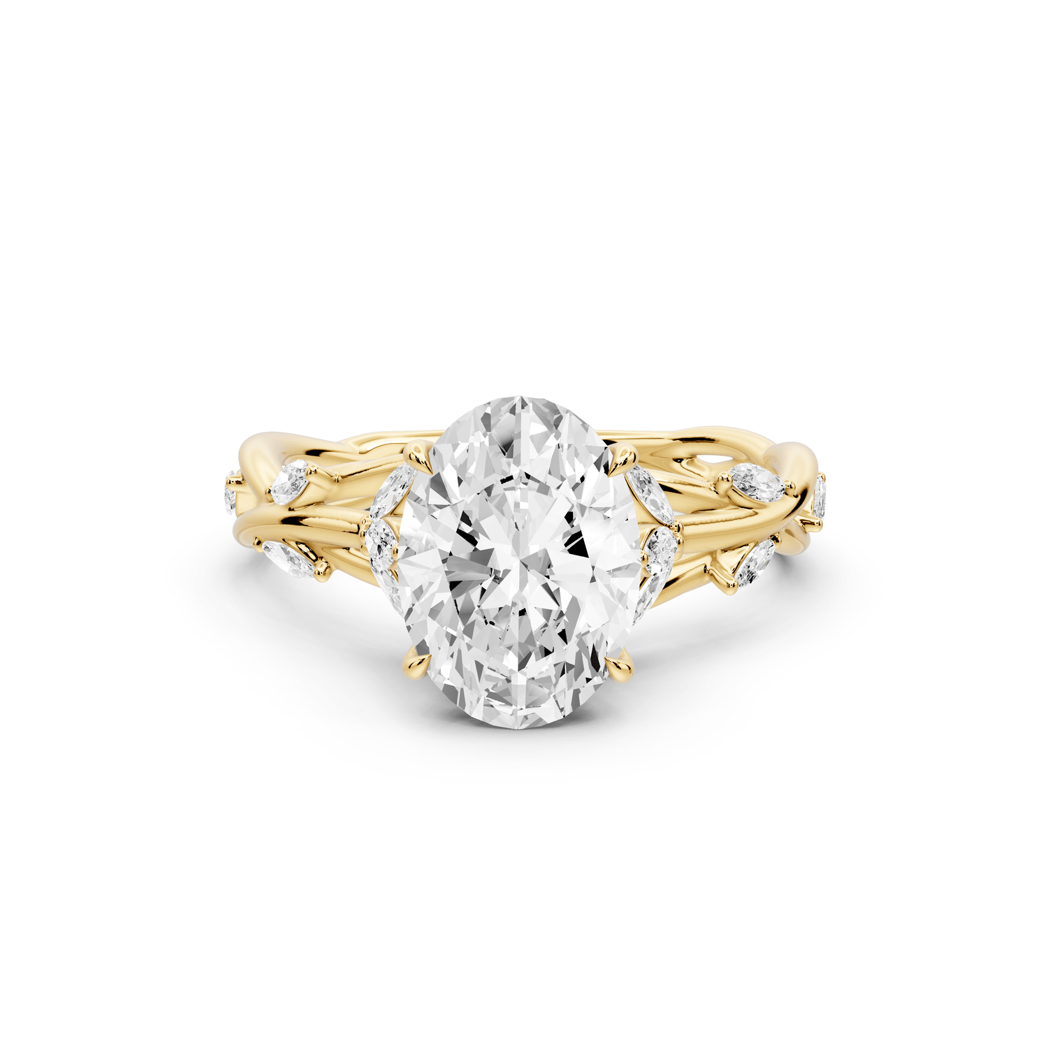 Sarah - 2ct 14k yellow gold Oval Nature-Inspired Engagement Ring with Sculpted Vine and Leaf Side Stones - Mr. Alex Jewelry