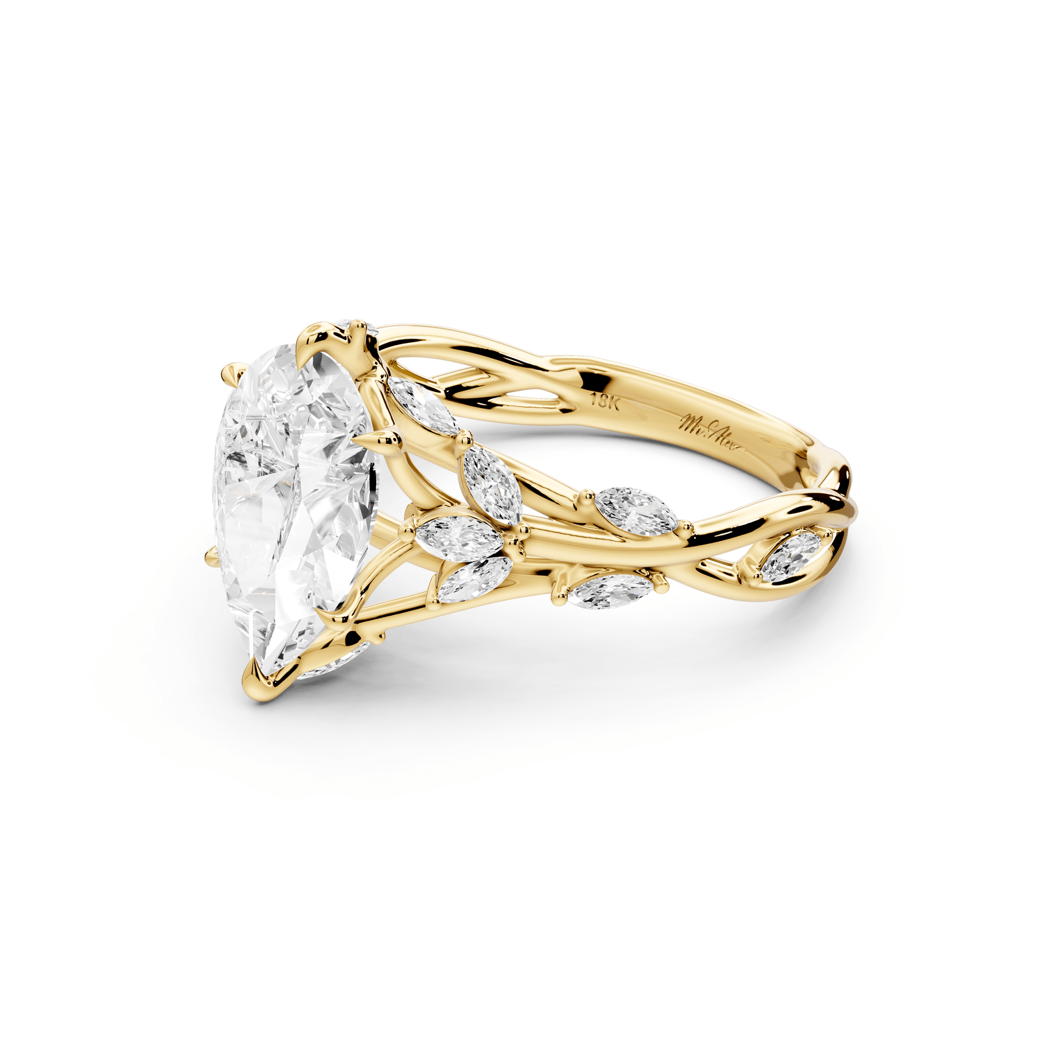 Sarah - 2ct 14k yellow gold Pear Nature-Inspired Engagement Ring with Sculpted Vine and Leaf Side Stones - Mr. Alex Jewelry