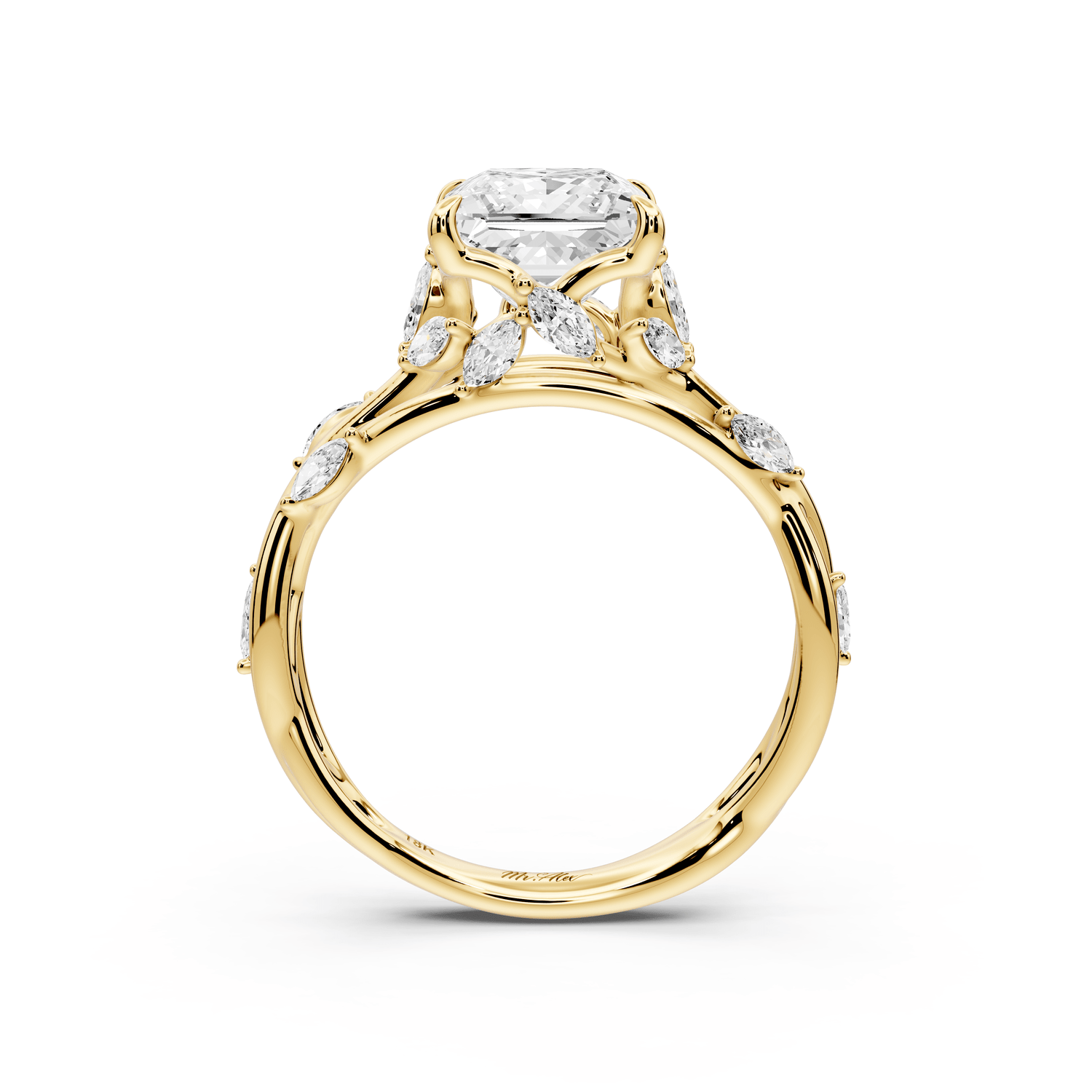 Sarah - 2ct 14k yellow gold Princess Nature-Inspired Engagement Ring with Sculpted Vine and Leaf Side Stones - Mr. Alex Jewelry