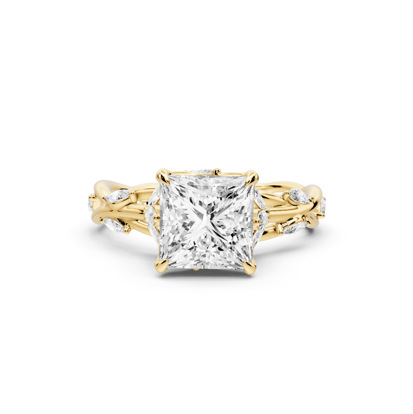 Sarah - 2ct 14k yellow gold Princess Nature-Inspired Engagement Ring with Sculpted Vine and Leaf Side Stones - Mr. Alex Jewelry